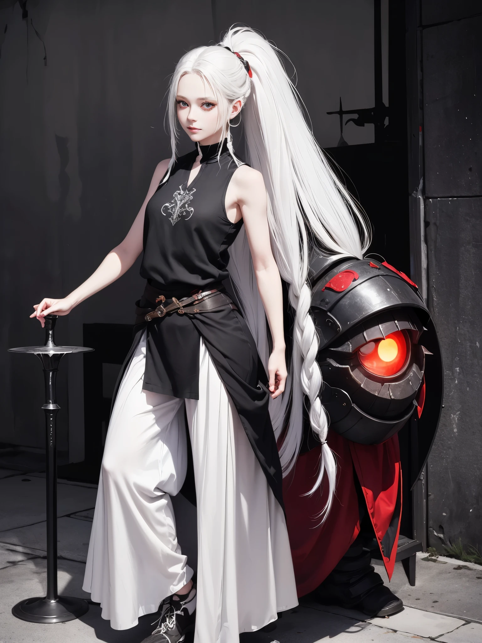 (red eyes), solo, 1girl, young girl, cheerful smirk, shadow on eyes, pale skin, (long white hair with single braid), (messy haircut), ((fantasy medieval clothes), (black sleeveless shirt)), ((light armored clothes)), oversized canvas pants, lightweight shoes, full-body portrait, standing,