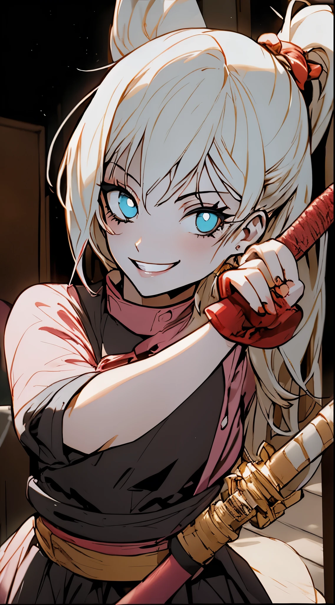 girl holding a katana, perfect smile, fighting pose