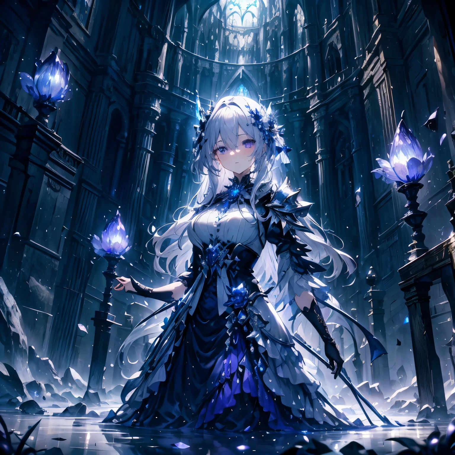 (highest quality, masterpiece, Super detailed, very detailed, exquisite, 16k, confused, Full HD), Castles with Gothic architecture, luxurious and luxurious decoration,((collapse)),sad,(Hold a sword in your right hand),(Use your left hand to cast blue flame magic.),(fairy knight princess, purple eyes, Big eyes, white skin, expensive, slim, thin and long),(decided, gone crazy, serious expression), gray hair, (fantasy, romantic atmosphere), magical armor, realistic, ,(medium shot), (from below), low angle shot, Front view, ((Symmetrical configuration)), shine, (dramatic lighting), (cinematic lighting), (volume lighting), (dynamic lighting), (architectural photography)