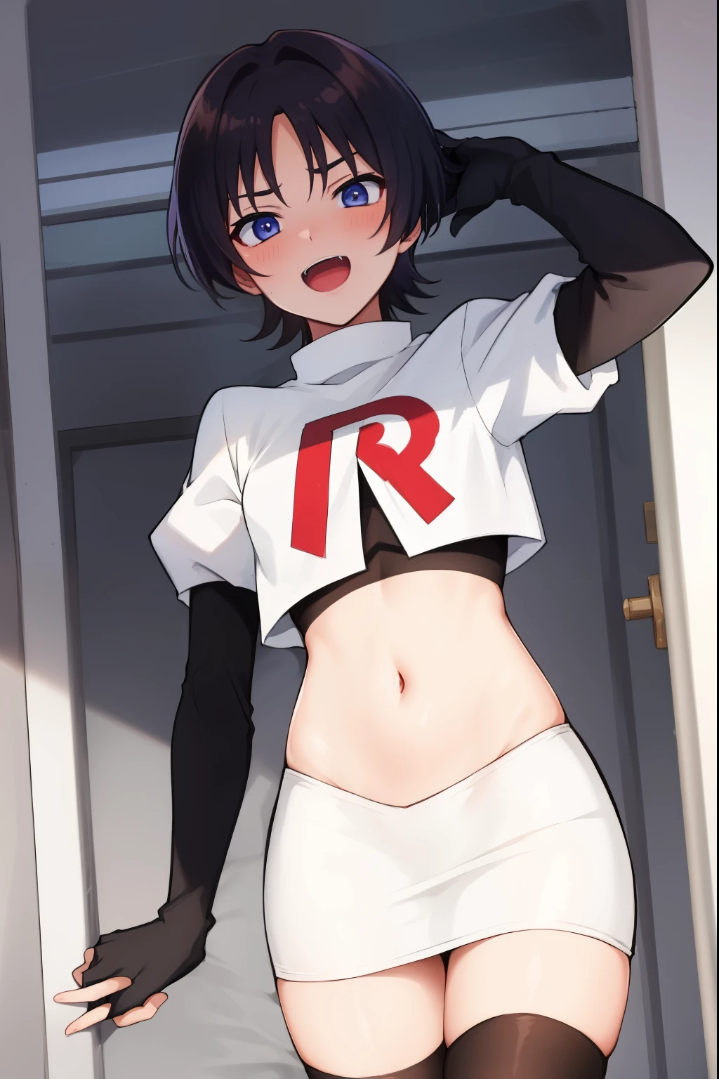 absurdres,masterpiece, trap, best quality, highres, high quality, 1boy, solo, male focus, hair, crossdressing,1boy,team rocket,team rocket uniform,white skirt,red letter R,crop top,black thigh-highs,black elbow gloves, evil laugh, blush