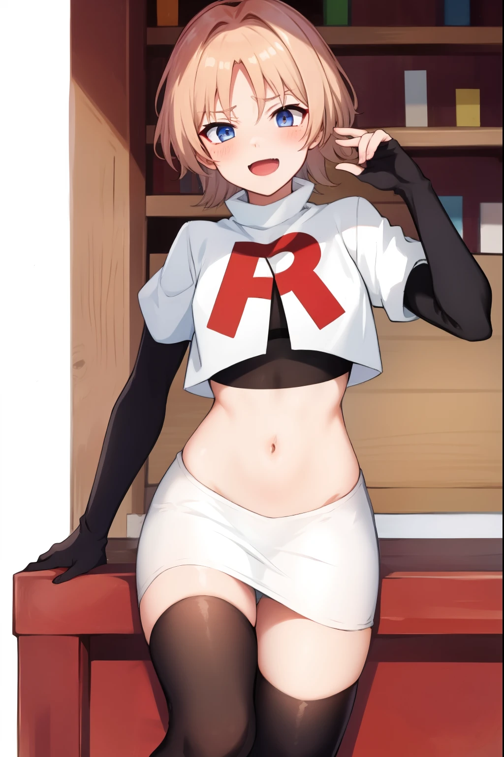 absurdres,masterpiece, trap, best quality, highres, high quality, 1boy, solo, male focus, hair, crossdressing,1boy,team rocket,team rocket uniform,white skirt,red letter R,crop top,black thigh-highs,black elbow gloves, evil laugh, blush