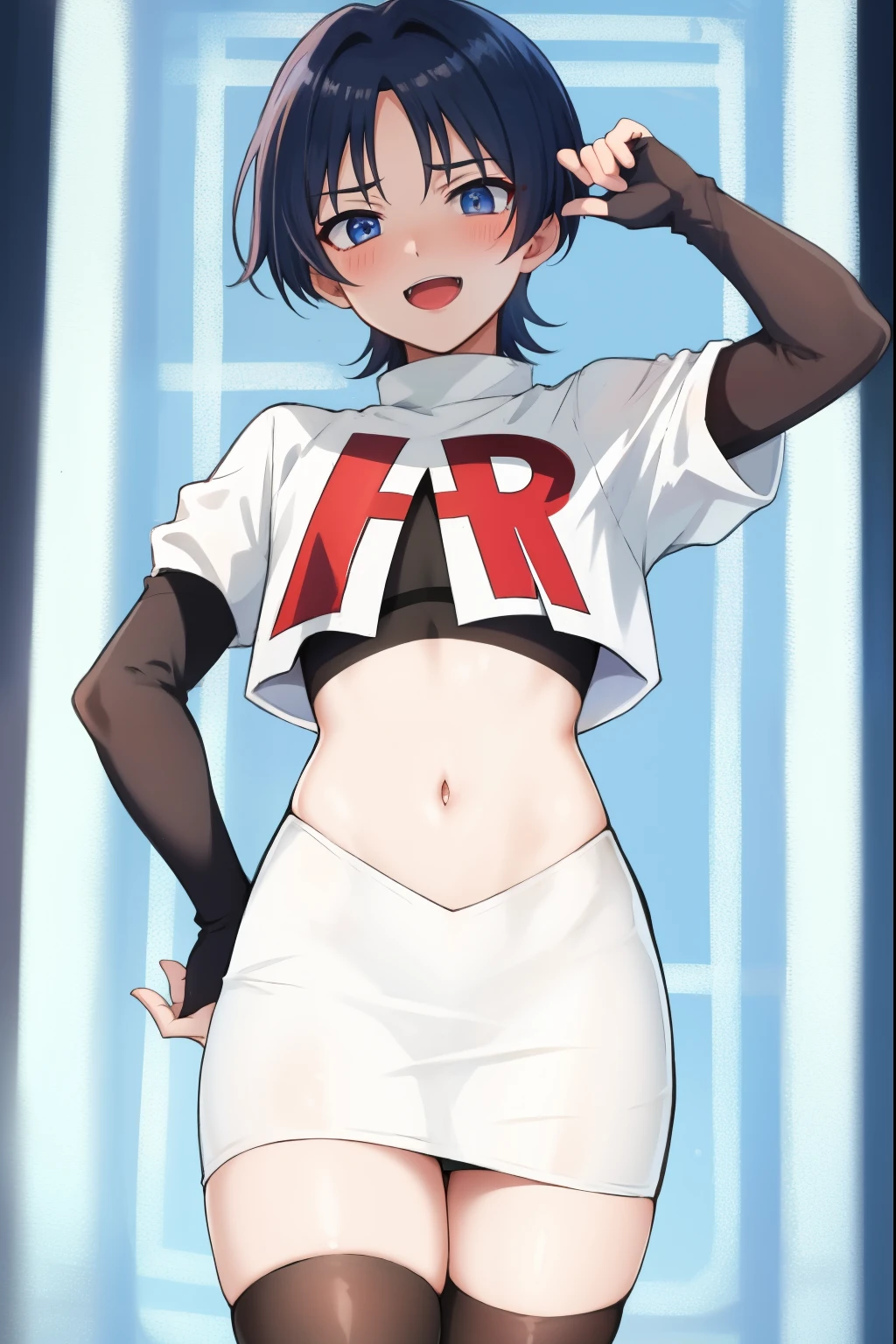 absurdres,masterpiece, trap, best quality, highres, high quality, 1boy, solo, male focus, hair, crossdressing,1boy,team rocket,team rocket uniform,white skirt,red letter R,crop top,black thigh-highs,black elbow gloves, evil laugh, blush
