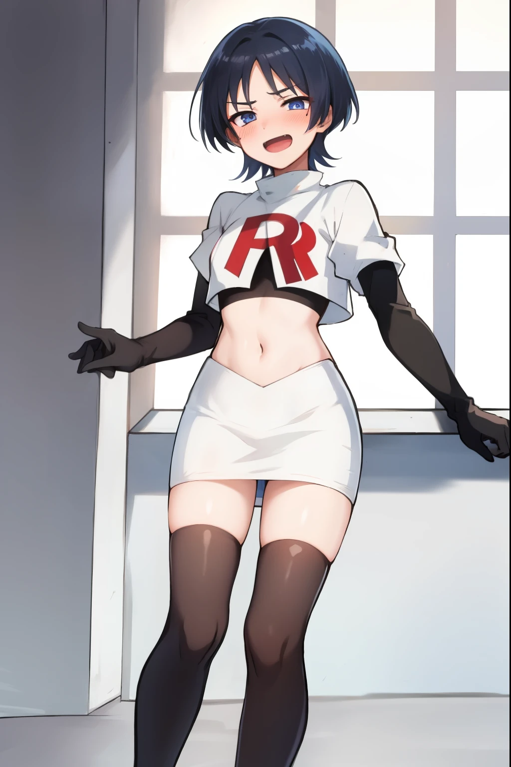 absurdres,masterpiece, trap, best quality, highres, high quality, 1boy, solo, male focus, hair, crossdressing,1boy,team rocket,team rocket uniform,white skirt,red letter R,crop top,black thigh-highs,black elbow gloves, evil laugh, blush