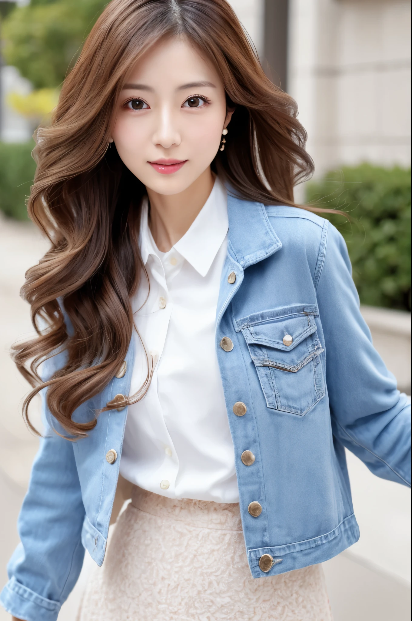 Masterpiece, high quality, super high resolution, Skinny Japanese lady, 30 years old, cute face, detailed face, detailed eyes, detailed lips,wavy long hair, Jacket, White shirt, tight skirt, (Full-body photo)
