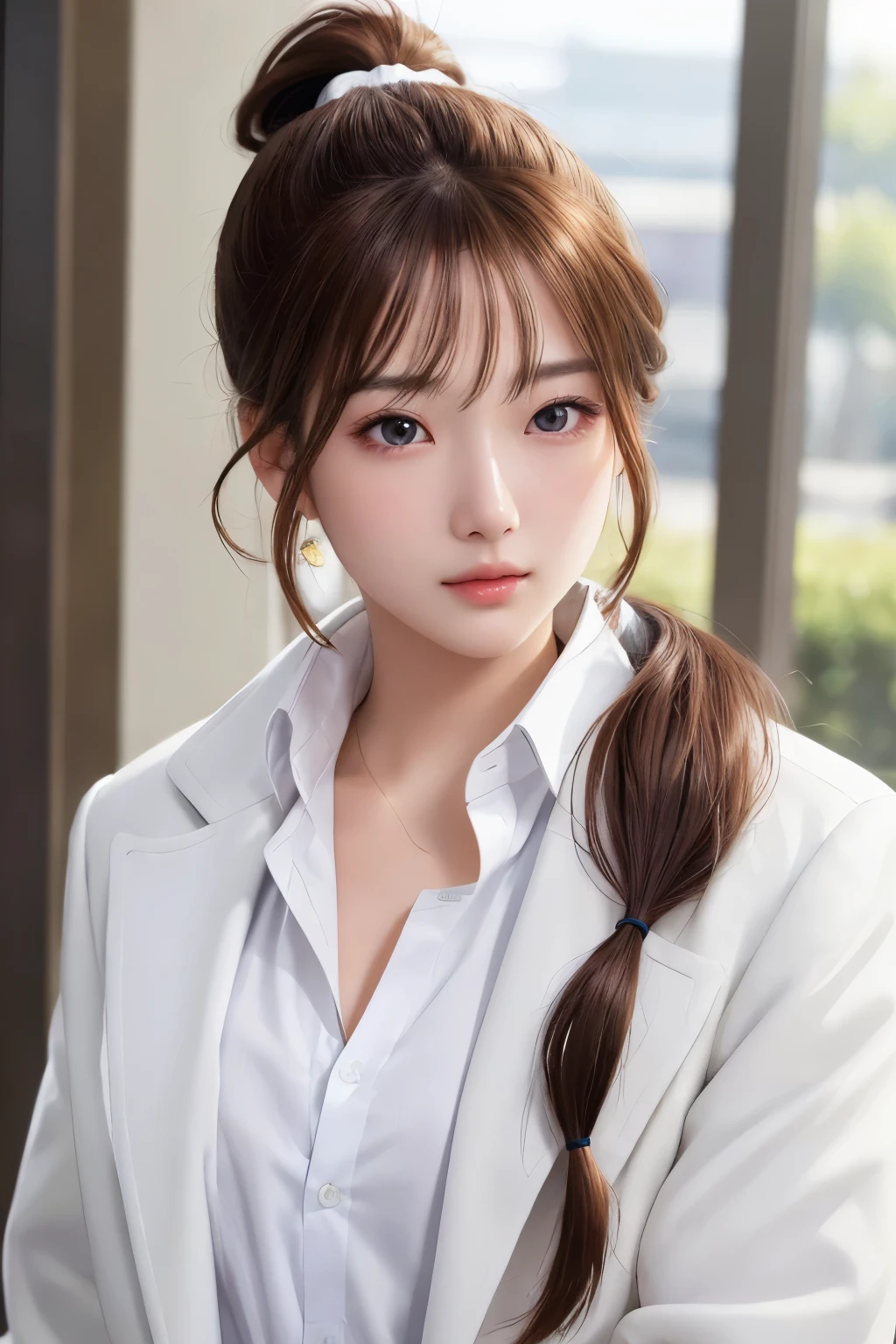 Super high resolution、masterpiece、highest quality、
highly detailed face、detailed eye、very complicated、、perfect shiny shiny skin、perfect lighting、detailed lighting、dramatic shadow、ray tracing、、
1 girl、ponytail hairstyle、Upper body、white coat with open front、white shirt、looking at the viewer、(slight smile:0.4)