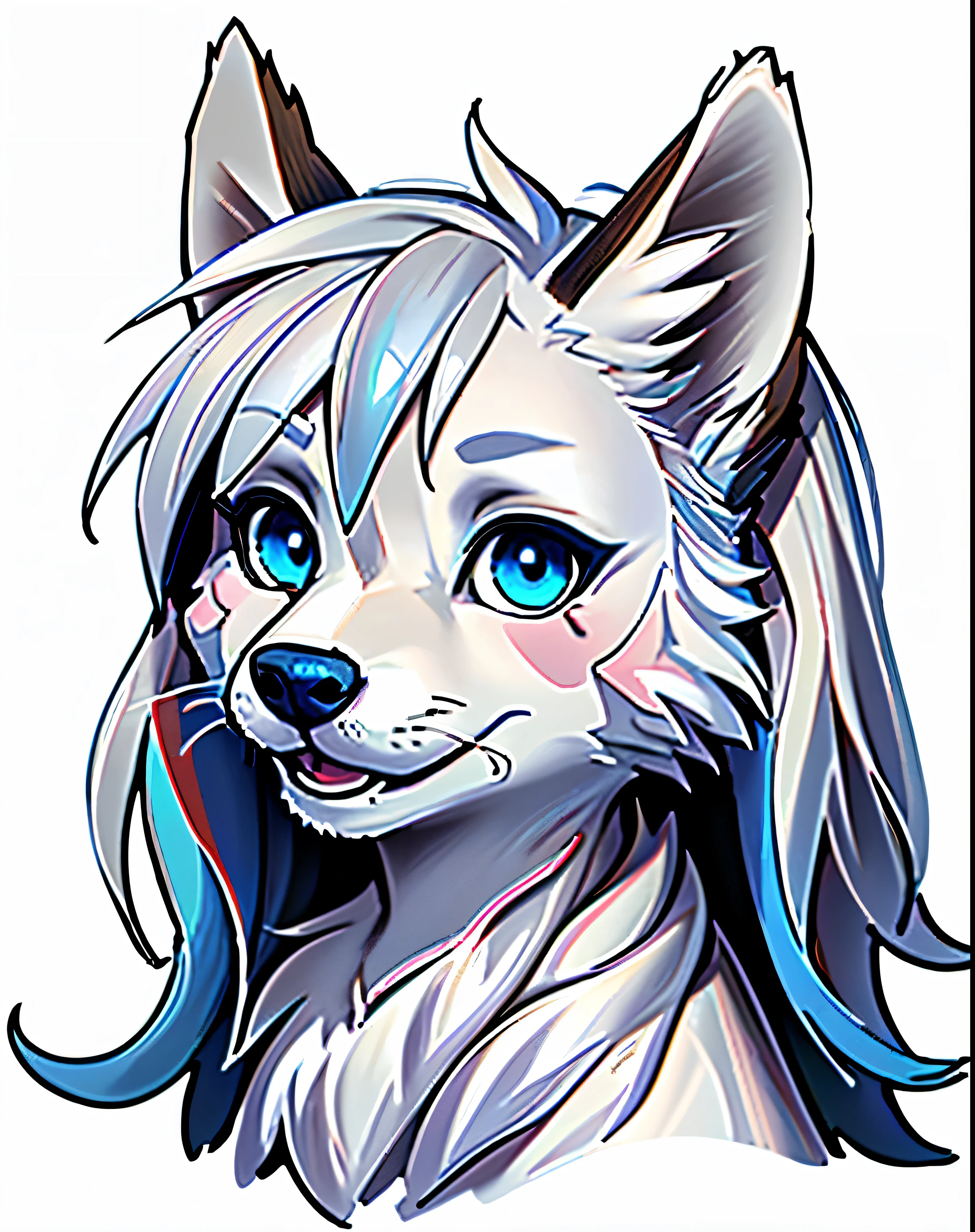 (best quality,4k,8k,high resolution,masterpiece:1.2),Super detailed,(actual,photoactual,photo-actual:1.37),Wolf,portrait,white fur,Lovely,feminine,Playful,head shot,blue eyes,wild,furry art,cartoon,high quality