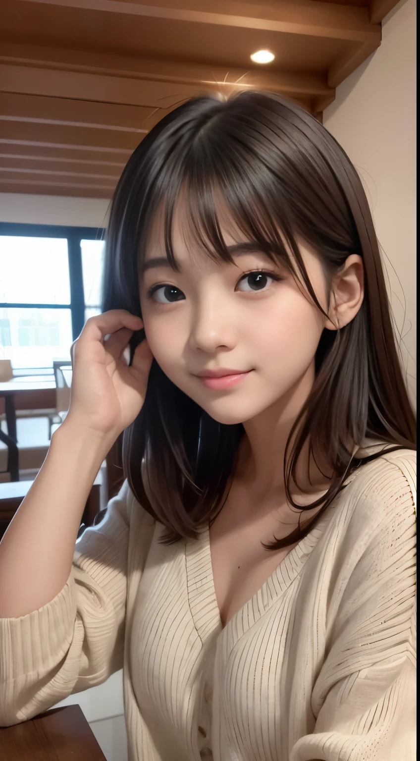table top、highest quality、figure、 super detailed、finely、 High resolution、8k wallpaper、完璧なダイナミックな構figure、18 year old beautiful girl、Neat female college student、detailed beautiful face、detailed beautiful eyes、rough skin、faint smile、small breasts、bold sexy pose、winter casual wear、baby face、small lips、