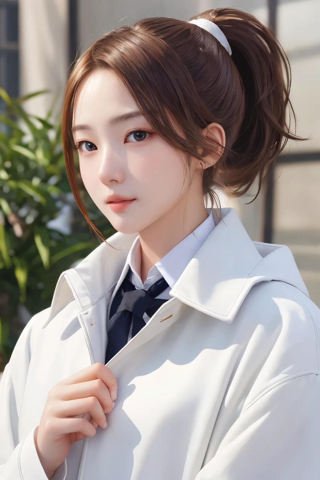 Super high resolution、masterpiece、highest quality、
highly detailed face、detailed eye、very complicated、、perfect shiny shiny skin、perfect lighting、detailed lighting、dramatic shadow、ray tracing、、
1 girl、ponytail hairstyle、Upper body、white coat with open front、white shirt、looking at the viewer、(slight smile:0.4)