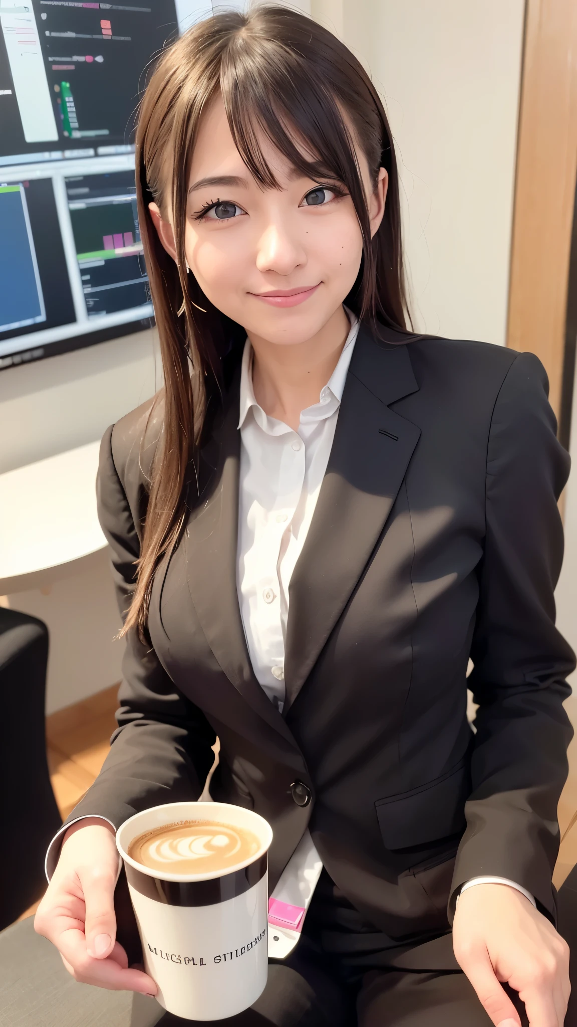 (realistic, photo-realistic:1.37),(8k, RAW photo, highest quality, masterpiece:1.2), cute, super detailed,heart-shaped pupil,Physically based rendering, ultra high resolution, kodak vision color, Photographed with Arricam LT camera, Bokeh, sharp focus,
looking at the viewer,photorealistic,realistic, alone, photorealistic, highest quality,highly detailed face,highly detailed eyes and face, detailed and beautiful eyes,disorganized, incredibly disorganized,忘れられないsmile,messy hair, floating hair, , business suit、business suit、coffee、smile