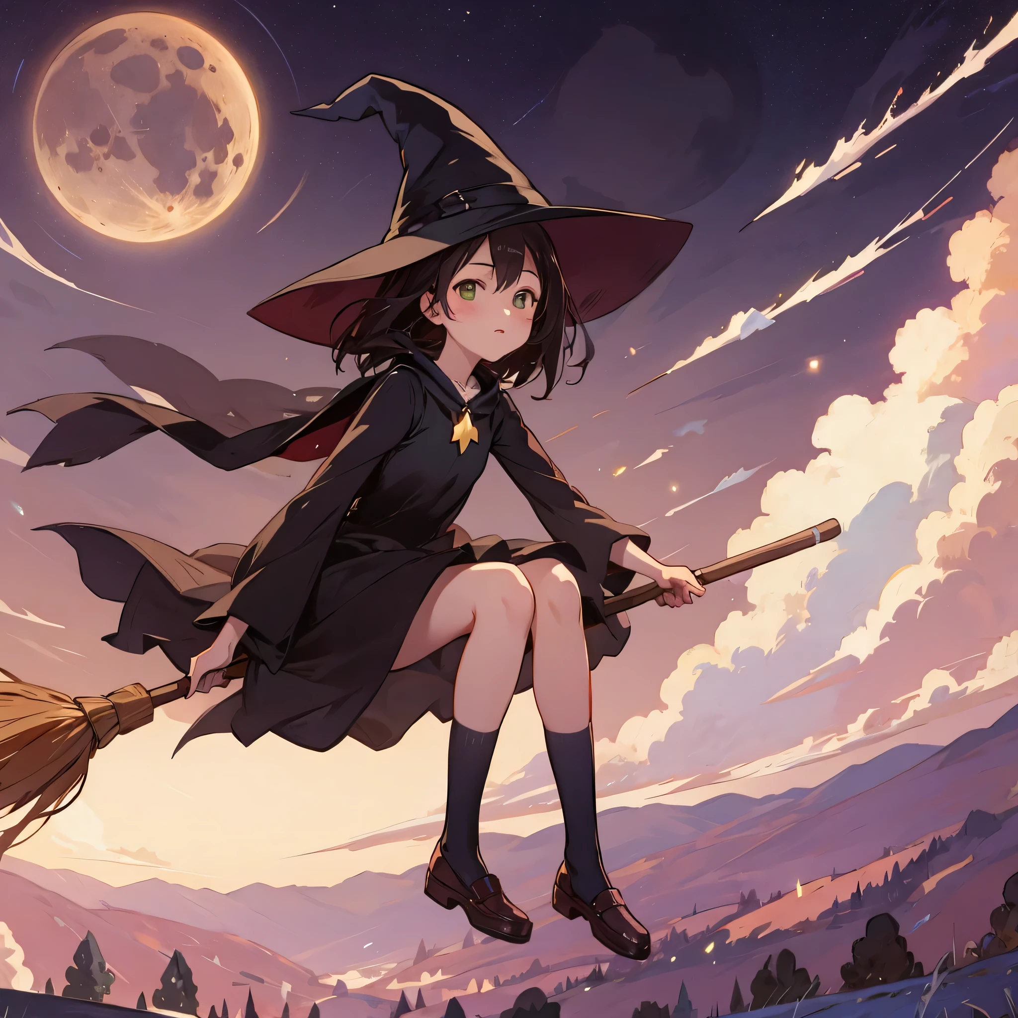 1 girl,Flying Witch,Broom ride,night sky,cloud,star,moon,shine,rich colors,Cast colorful spells,magic effect,be familiar with,beautiful,masterpiece,perfect face,cute,anatomically correct