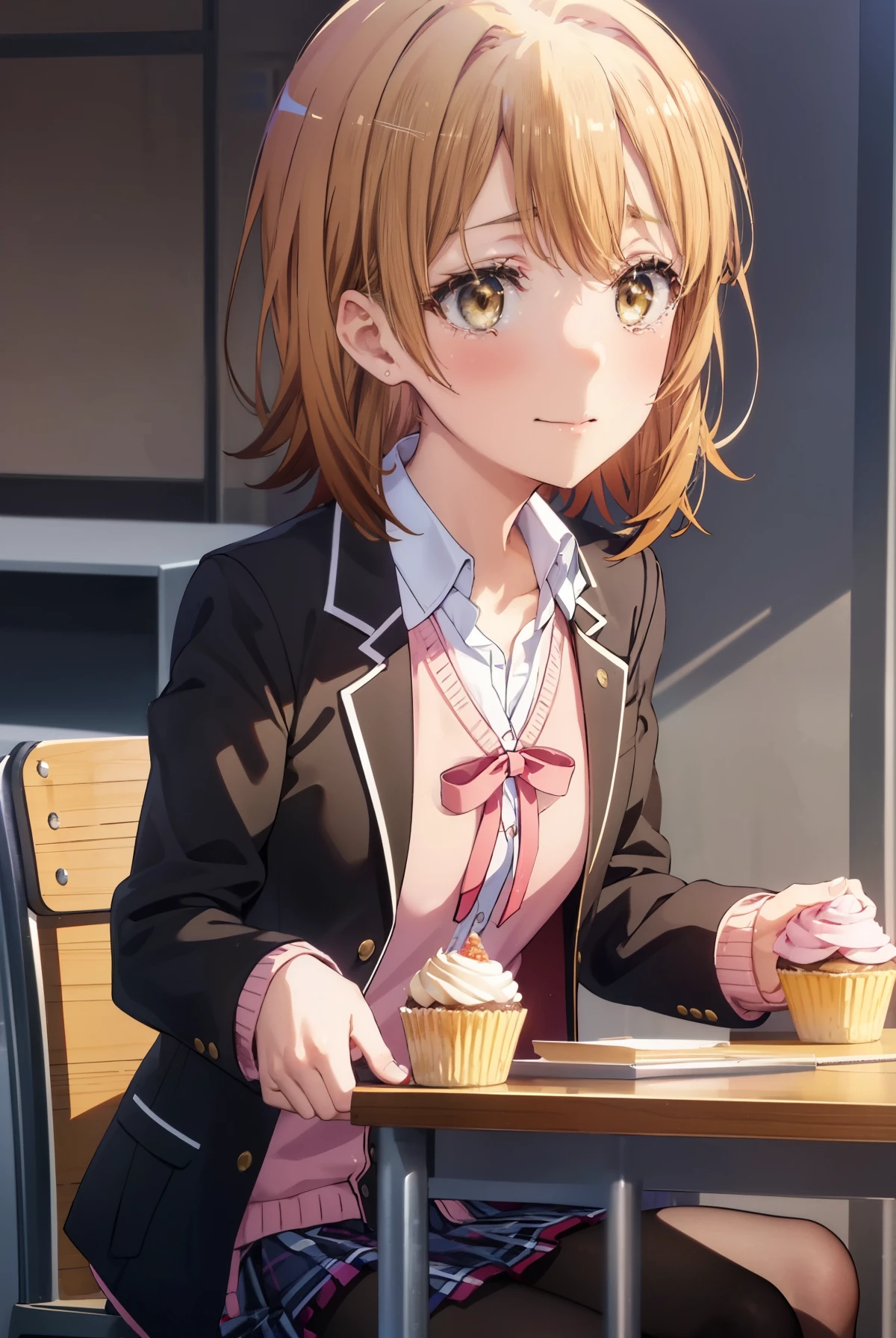 irohaisshiki, iroha isshiki, short hair, brown hair, (brown eyes:1.5), smile,tears run down her face,Crying with joy,birthday会,机の上にバースデーケーキが置いてある
break skirt, shirt, ribbon, school uniform, Jacket, white shirt, open clothes, black pantyhose, open Jacket, black Jacket, plaid, knee high, plaid skirt, blazer, cardigan, pink cardigan, sobu high school uniform,birthday,birthday_party,sitting in a chair,birthday_have,ball,cupcake,birthday_cupcake,cheerfulness,Kaihuai,cheerfulness_atmosphere,風景
break indoors, classroom,
break (masterpiece:1.2), highest quality, High resolution, unity 8k wallpaper, (figure:0.8), (detailed and beautiful eyes:1.6), highly detailed face, perfect lighting, Very detailed CG, (perfect hands, perfect anatomy),