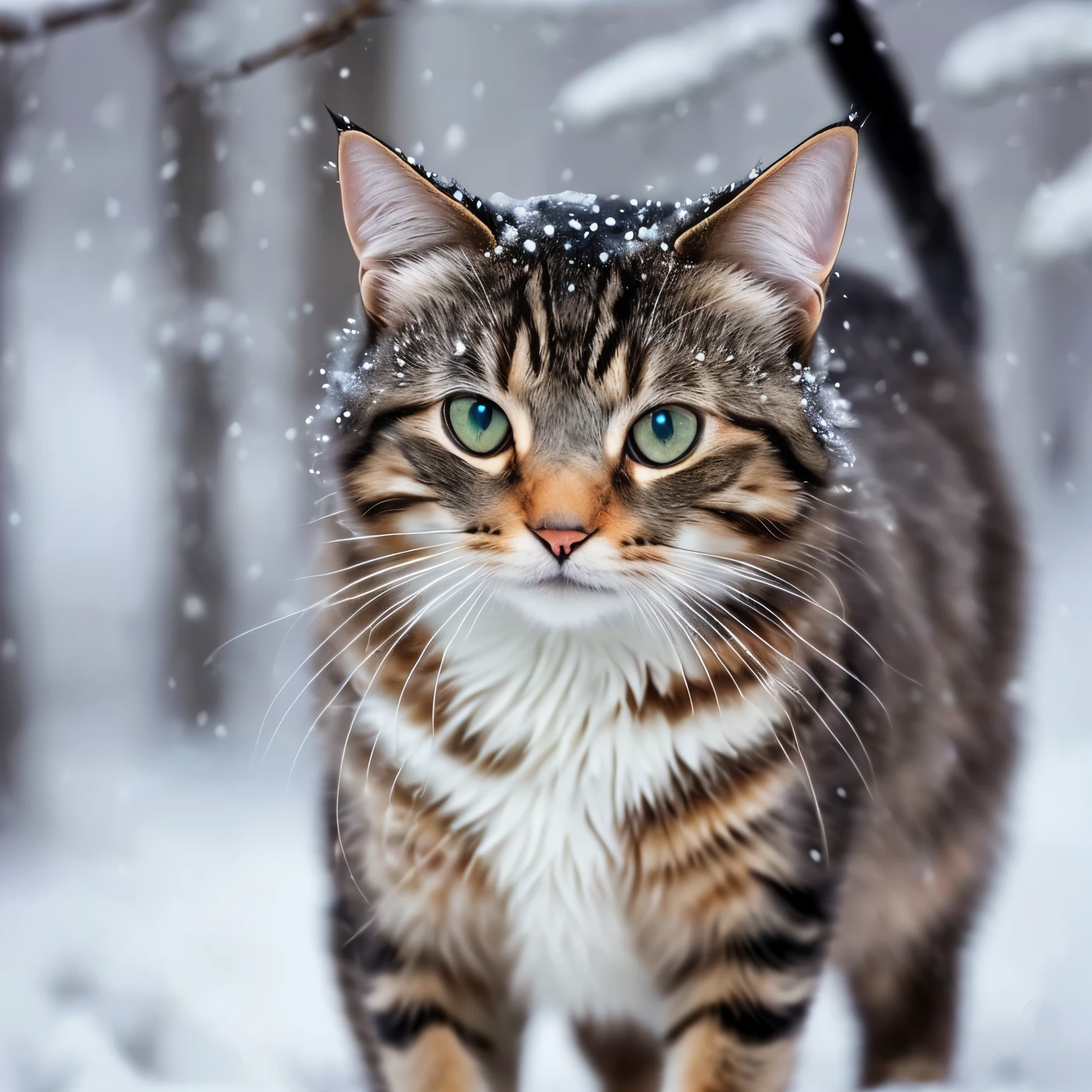 realistic pictures, masterpiece, surreal images, in the snow、A cat wears a coat his size to avoid getting wet, in the forest, blurred background, Cat Cute, cat looking at the snow, small snow, cat on the snow field.