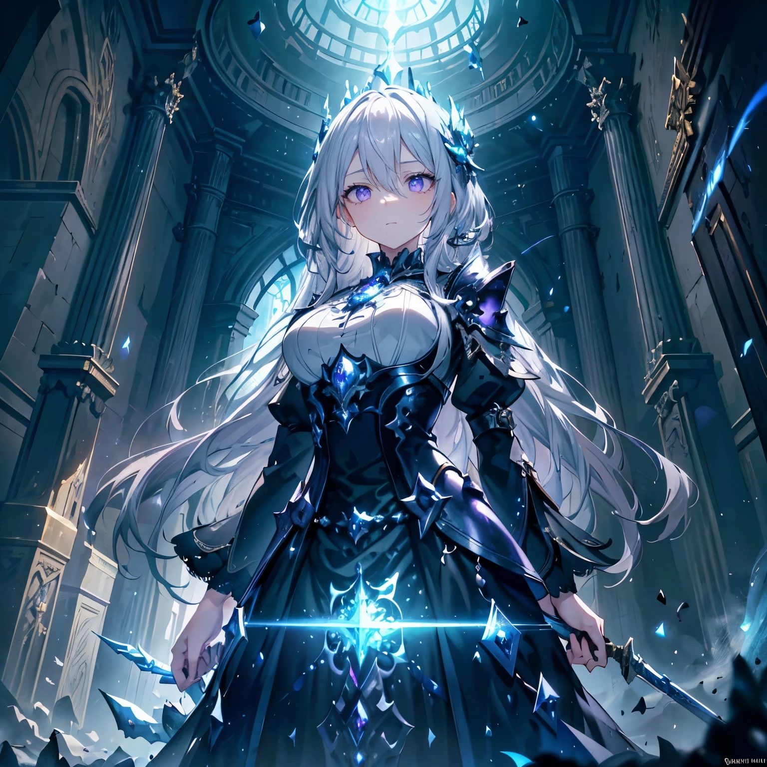 (highest quality, masterpiece, Super detailed, very detailed, exquisite, 16k, confused, Full HD), Castles with Gothic architecture, luxurious and luxurious decoration,((collapse)),sad,(Hold a sword in your right hand),(Use your left hand to cast blue flame magic.),(fairy knight princess, purple eyes, Big eyes, white skin, expensive, slim, thin and long),(decided, gone crazy, serious expression), gray hair, (fantasy, romantic atmosphere), magical armor, realistic, ,(medium shot), (from below), low angle shot, Front view, ((Symmetrical configuration)), shine, (dramatic lighting), (cinematic lighting), (volume lighting), (dynamic lighting), (architectural photography)