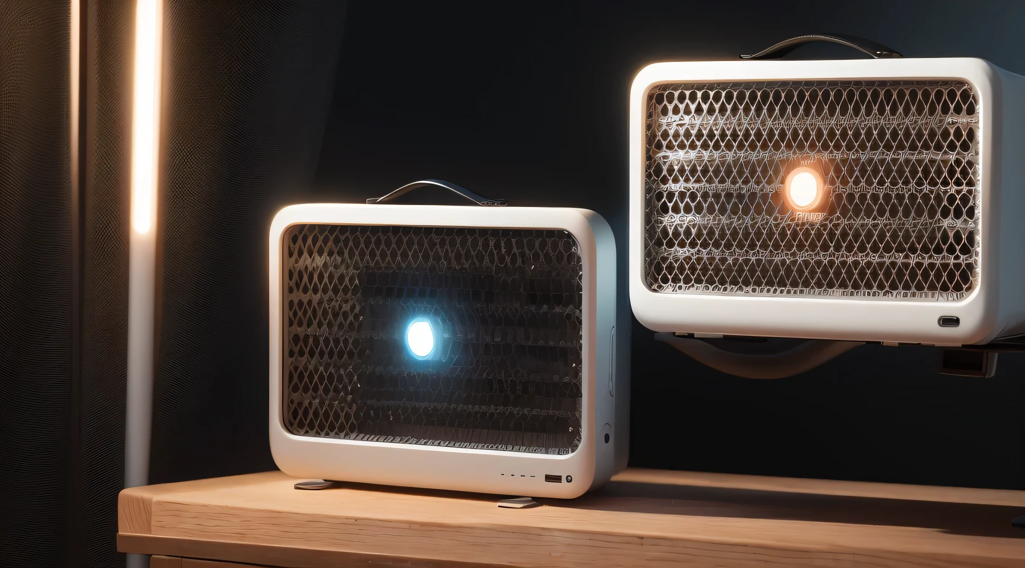There is a small white radio on the wooden table, Product renderings, 3 d Product renderings, Highly detailed rendering, wide angle panorama, Product design renderings, author:Li Quanshuo, Detailed wide angle shot, 8K mixer drain pipe, product photo, on dark background, product design photography, Designed for comfort and beauty!, bottom corner, present in corona,High tech metal background,High-tech attributes,black background