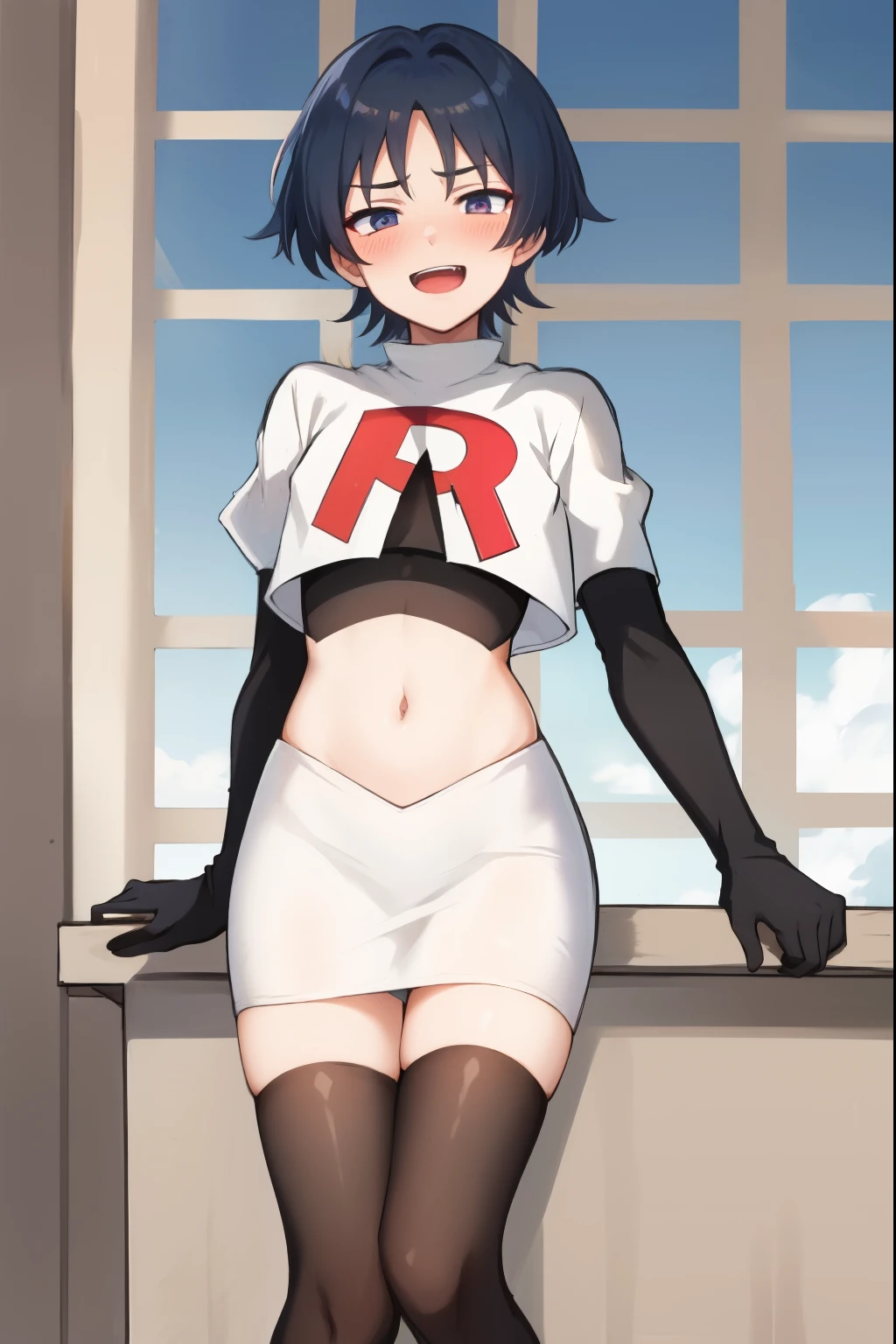 absurdres,masterpiece, trap, best quality, highres, high quality, 1boy, solo, male focus, hair, crossdressing,1boy,team rocket,team rocket uniform,white skirt,red letter R,crop top,black thigh-highs,black elbow gloves, evil laugh, blush