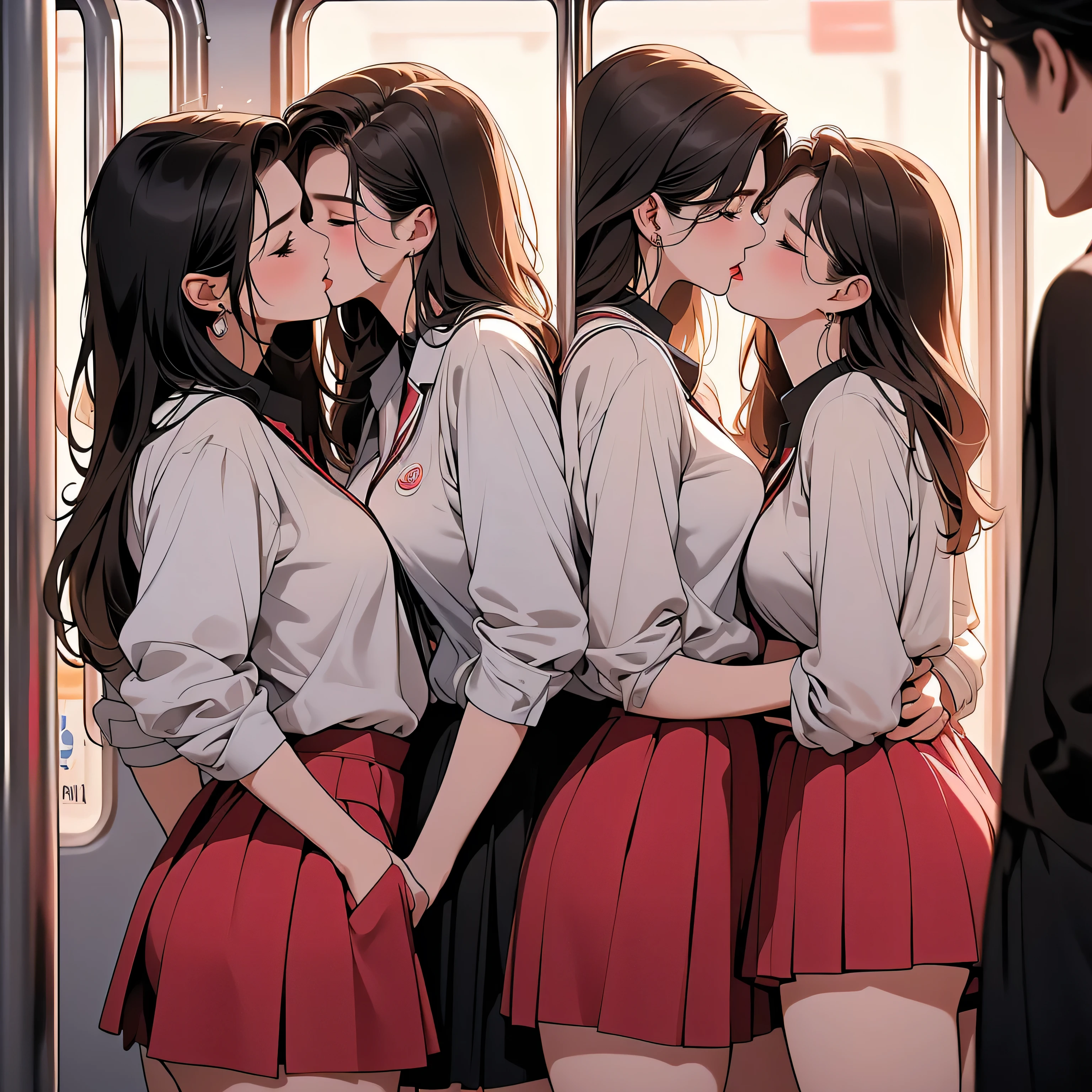NSFW, photorealistic, top-quality, masterpiece, 4 Korean women , Korean female only, ABSOLUTELY NO MALE, absolutely no men, VERY crowded female only subway train interior detailed scenario, VERY crowded Korean female only subway train interior detailed background, standing insanely hot (woman 1) using sexy ((school uniform)), (((lifted skirt)), (thick thighs), (fear expression), blushed face, (woman 2) sexy young, blond hair, confused look, mature woman ass groping woman 1 from behind, woman 2 touches woman 1 vagina, young woman 2 caressing woman 1 legs, wet kiss, lesbian kiss, saliva string from lips, deep kiss, tongue kiss, (((mature woman pressing her chest on woman 1 back))) and (((holding her waist behind her)))