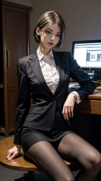 (Masterpiece), ((Best quality)), (Masterpiece,Best quality,offcial art,Extremely detailed Cg Unity 8K wallpaper), , Beauty photo, A lady,solo,Elegant upper-class elite secretary in a business shirt,Perfect look,Double eyelid eyes,Delicate makeup, working in an office,wearing a strict business suit, Wear hose,Wear high-end heels,Girl in shirt, dressed in a suit, huge tit,f bodyesbian,dressed in a suit, dressed in a suit, merchant, Business clothes, wearing black suits, Wear a shirt and skirt, Woman in a suit, Business attire,Computer chair,Seated,Erlang legs,high-heels,view the viewer,brightly,Complicated details,foot focus,from below,cool beauty,tall girl,short hair,Precisely expresses details such as face and skin texture,beautiful eye, double eyelid,delicate skin,slender body shape,alone,big brea