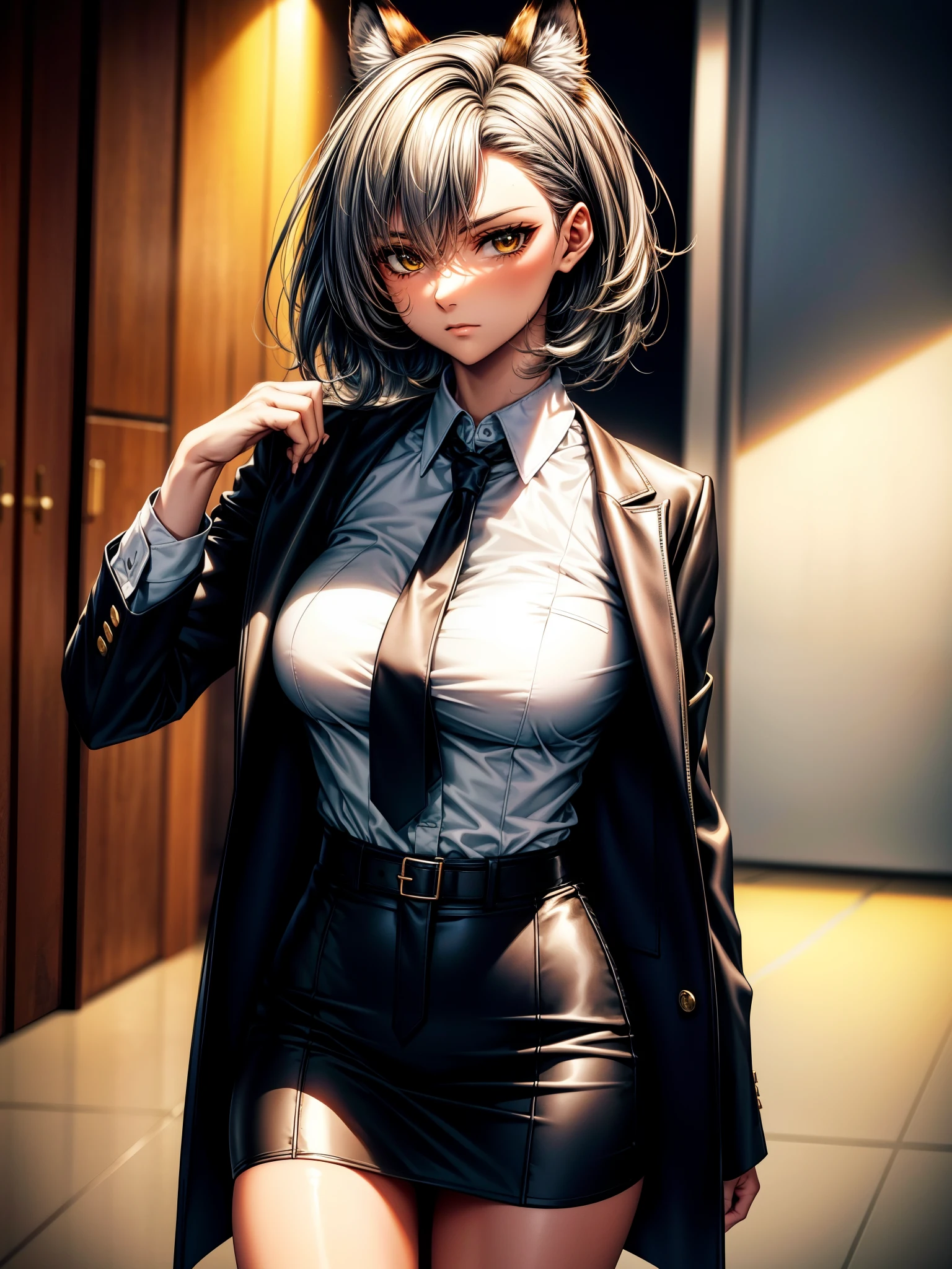 Cowboy shot of lady detective, short black hair, cat ears, golden eyes, red lips, white shirt, unbuttoned, black pants, vest, holster,