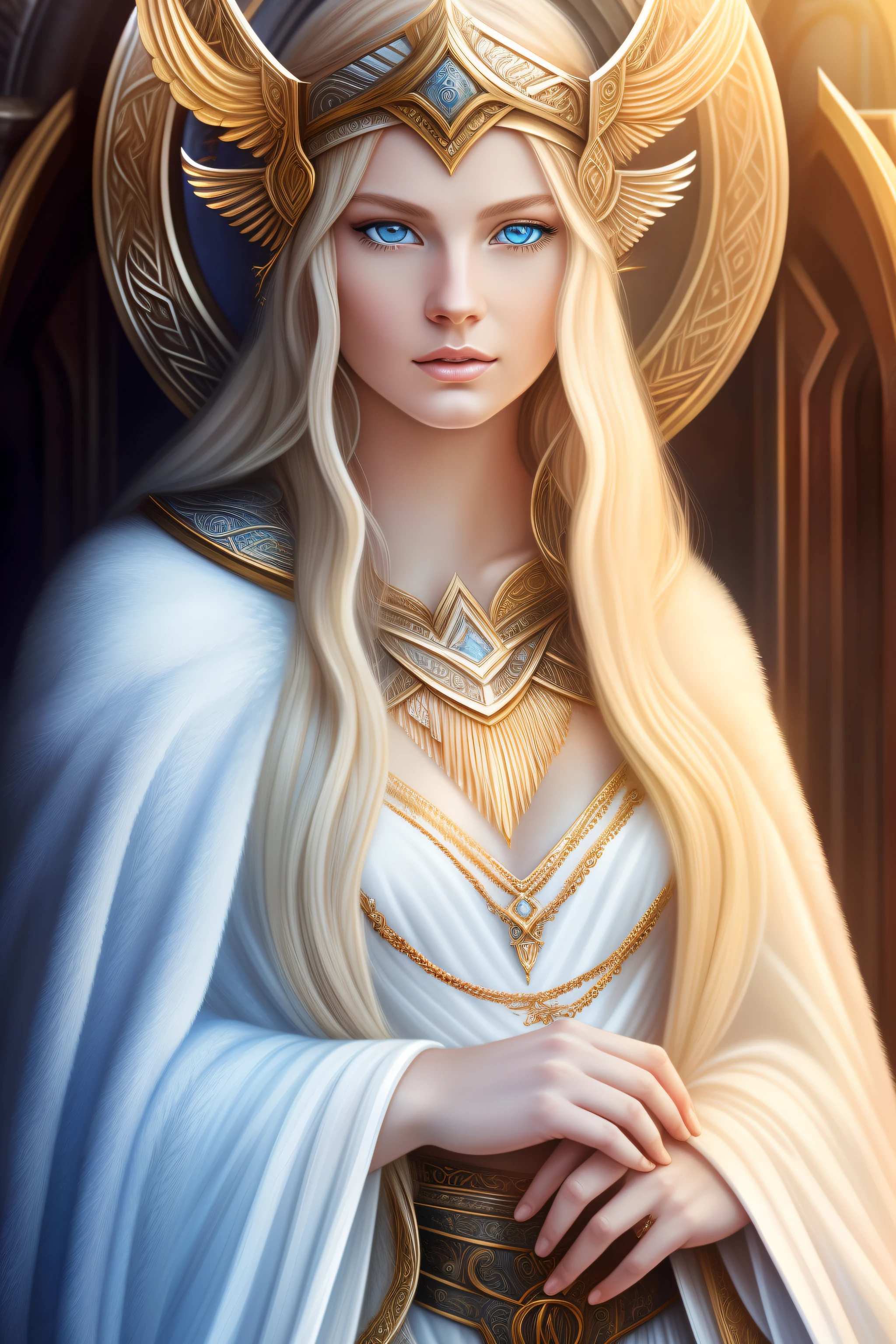 a woman with a blue eyes long blonde hair in a white dress and cloak, extremely high detail, portrait of a beautiful goddess, a stunning portrait of a goddess, mystical atlantean valkyrie, beautiful detailed fantasy, realistic fantasy illustration, a beautiful fantasy  detailed fantasy digital art, spiritual realms, pleidan 5th dimention,