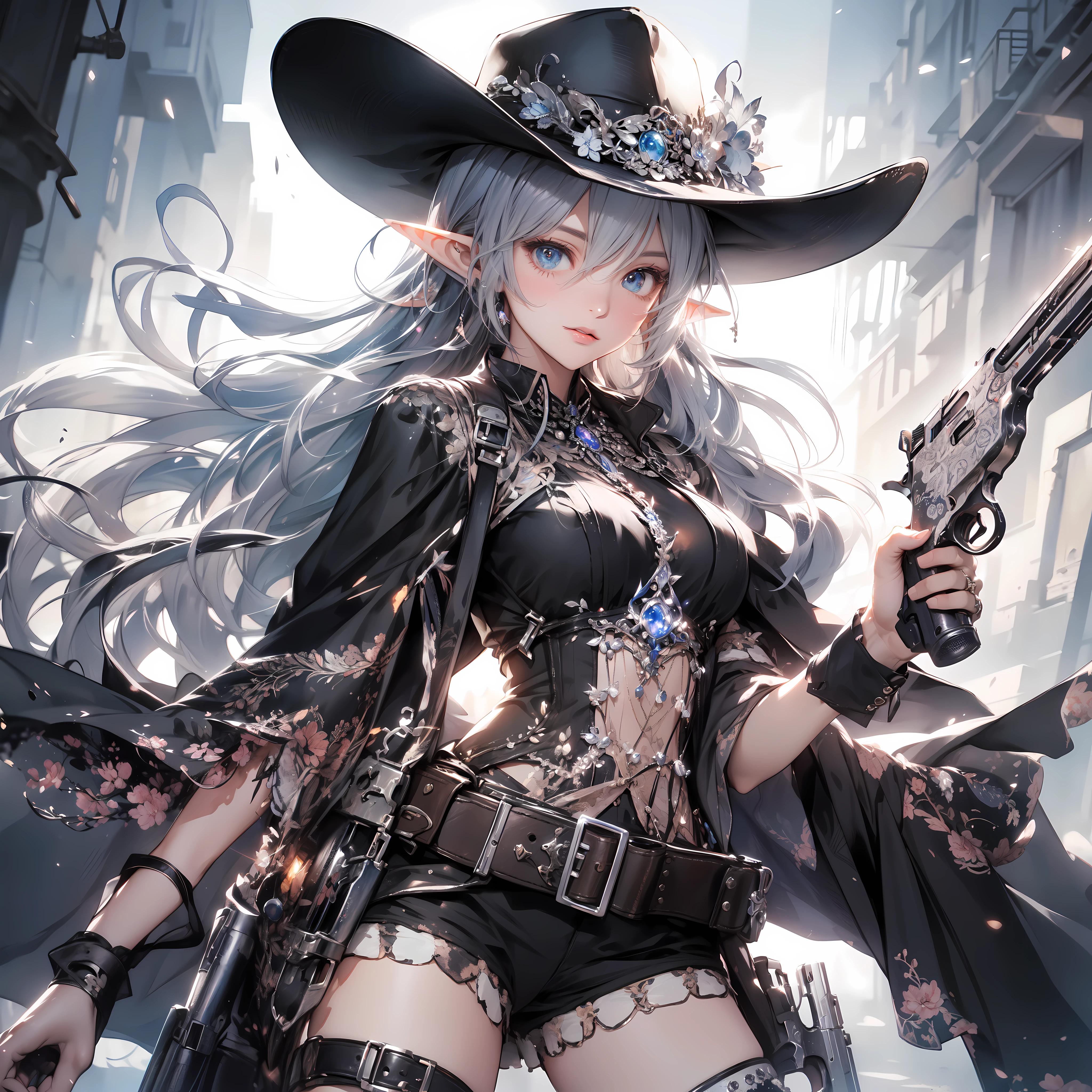 A depiction of a sweet elf girl standing in the world of cowboys, with a gun in hand, (cowboy world setting), style by mikimoto Haruhiko , full body, dynamic pose, perfect anatomy, centered, approach to perfection, cell shading, 8k, cinematic dramatic atmosphere, watercolor painting, Cinematic lighting