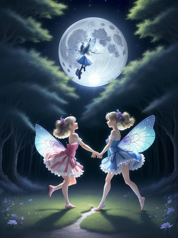 several fairies dancing in the moonlight on a full moon night, happy and fun music, usando longos vestidos, magical nocturnal forest lit by a full moon, imagem perfeita, corpos perfeitos e delicados, fadas com olhares cativantes, High definition, japanese anime style, brilhante, sobras perfeitas