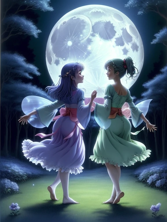 Fairies dancing in the moonlight on a full moon night, happy and fun music, usando longos vestidos, magical nocturnal forest lit by a full moon, imagem perfeita, corpos perfeitos e delicados, fadas com olhares cativantes, High definition, japanese anime style, brilhante, sobras perfeitas