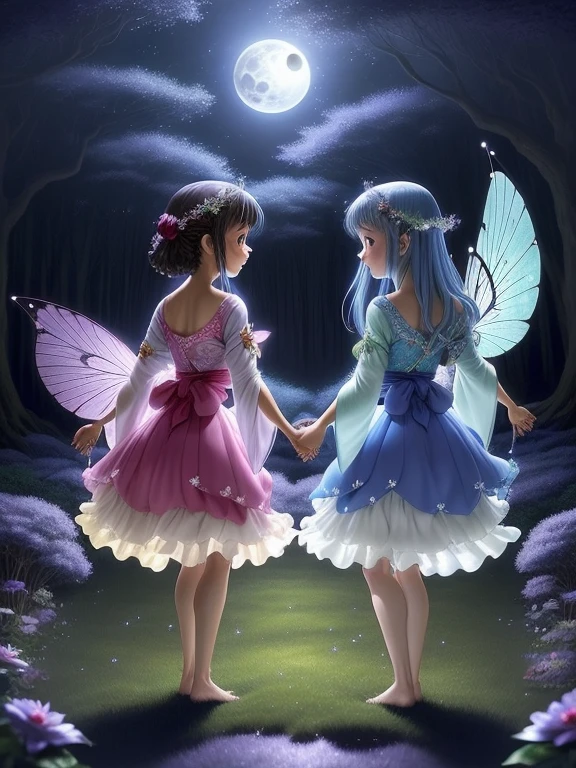 Fairies dancing in the moonlight on a full moon night, happy and fun music, usando longos vestidos, magical nocturnal forest lit by a full moon, imagem perfeita, corpos perfeitos e delicados, fadas com olhares cativantes, High definition, japanese anime style, brilhante, sobras perfeitas