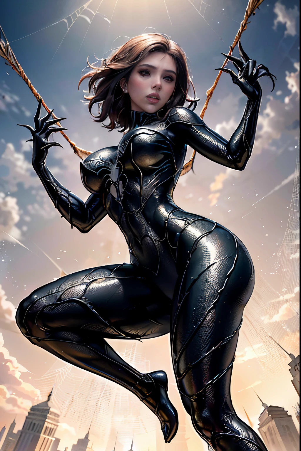 Obra-prima, 8k, realista, good ilumination, (((Scarlett Johansson garota de 28 anos, terno preto do homem aranha venom com aranha branca no peito, loira))), cabelo comprido, sem corte, rosto bonito, chuva, telhado, obra-prima, detalhes trincados, anatomia perfeita, (((Swinging in the web)))