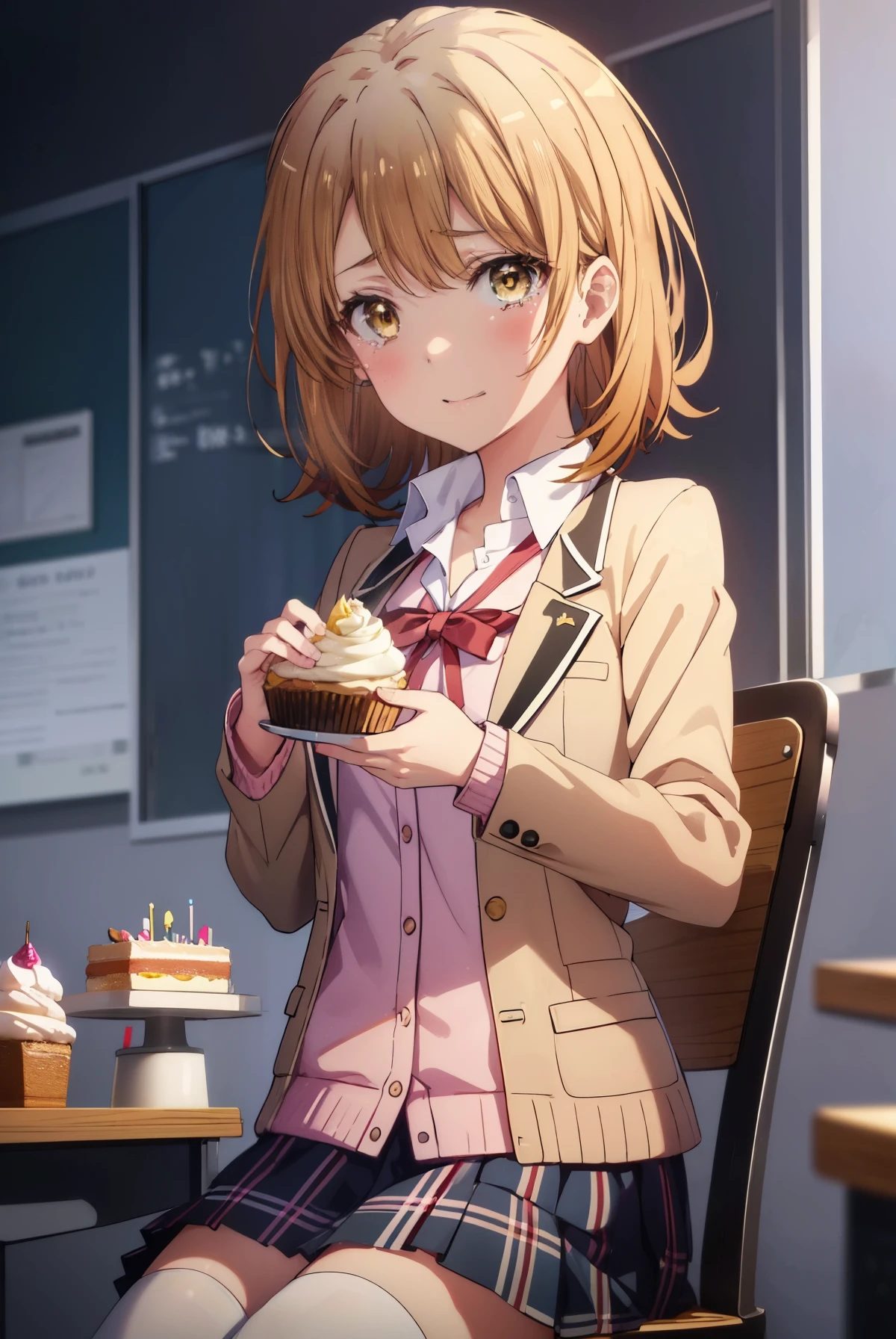 irohaisshiki, Isshiki Iroha, short hair, light brown hair, (Brown ruby eyes:1.5), smile,blush,tears run down her face,tears of joy、I cry a lot、break skirt, shirt, ribbon, , Jacket, white shirt, open clothes, socks, open Jacket, black Jacket, plaid, knee high, plaid skirt, blazer, cardigan, black socks, pink cardigan,Holding a bouquet in both hands ,birthday,There is a birthday cake on the table,sitting in a chair,confetti,
break indoors,classroom ,
break looking at viewer,(cowboy shot:1. 3)
break (masterpiece:1.2), highest quality, High resolution, unity 8k wallpaper, (shape:0.8), (beautiful and detailed eyes:1.6), highly detailed face, perfect lighting, Very detailed CG, (perfect hands, perfect anatomy),