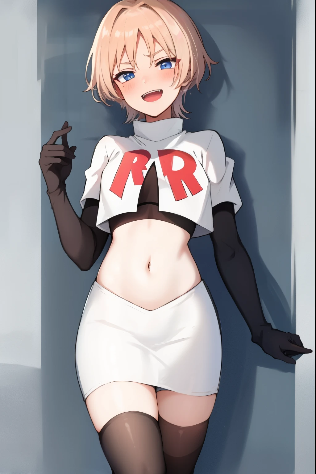 absurdres,masterpiece, trap, best quality, highres, high quality, 1boy, solo, male focus, hair, crossdressing,1boy,team rocket,team rocket uniform,white skirt,red letter R,crop top,black thigh-highs,black elbow gloves, evil laugh, blush