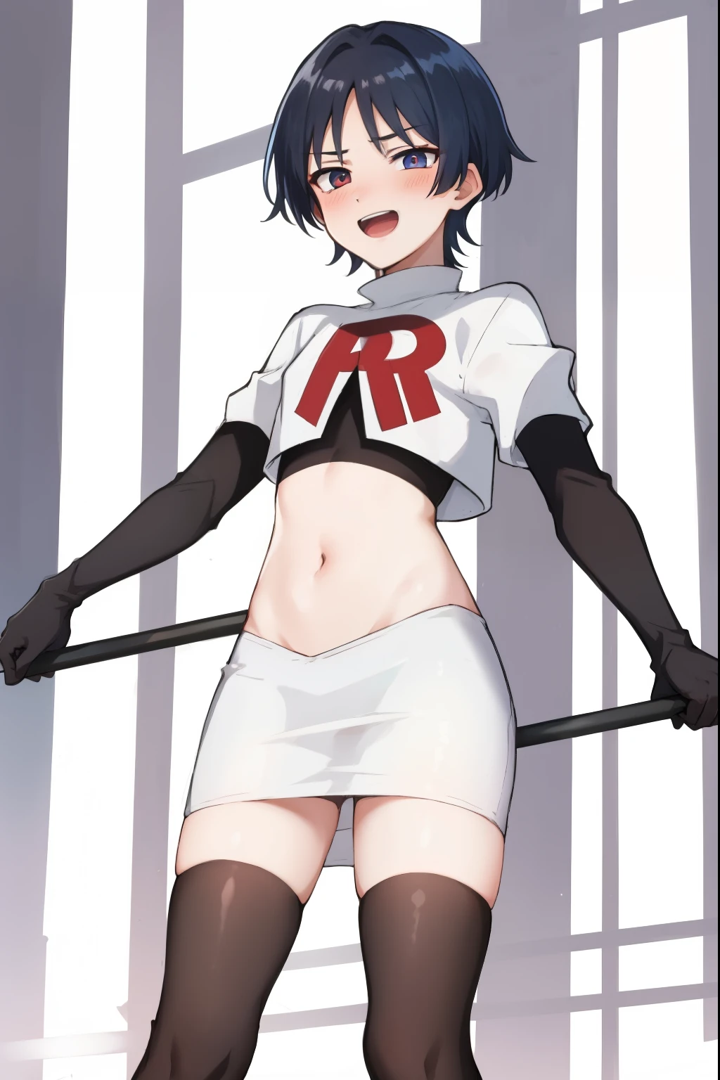 absurdres,masterpiece, trap, best quality, highres, high quality, 1boy, solo, male focus, hair, crossdressing,1boy,team rocket,team rocket uniform,white skirt,red letter R,crop top,black thigh-highs,black elbow gloves, evil laugh, blush