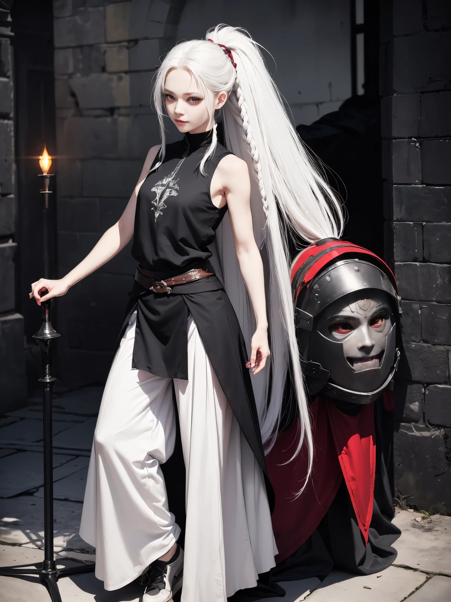 (red eyes), solo, 1girl, young girl, cheerful smirk, shadow on eyes, pale skin, (long white hair with single braid), (messy haircut), ((fantasy medieval clothes), (black sleeveless shirt)), ((light armored clothes)), oversized canvas pants, lightweight shoes, full-body portrait, standing,