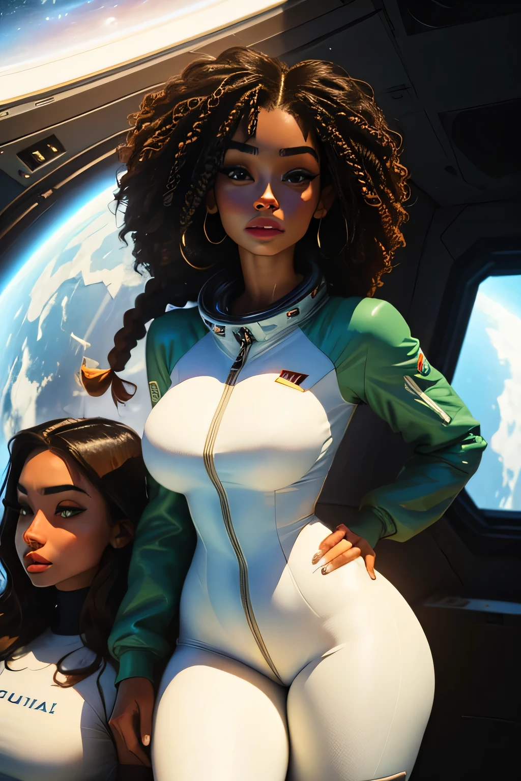 2 beautiful girls, 18 yo, large body, slim thick, fit, atheltic, muscular, green or blue eyes, brown or light brown hair, curly or straight hair, short or long hair, braided hair or loose, realistic skin, flawless skin, Melania Trump's eyes, lupita nyong'o's arms, black chyna's waist, black chyna's hips, very narrow waist, exaggerated hips, muscular legs, thick legs, kim kardashians booty, round and perfect butt, emily ratajkowski's breasts, sfw, (first girl looks like Megan Fox, bhad bhabi and yara shahidi) (second girl looks like zendaya, Nicola Minetti and sophia loren) (wearing nasa astronaut jump suit) (on a space space shuttle) ((floating in zero G like an astronaut))