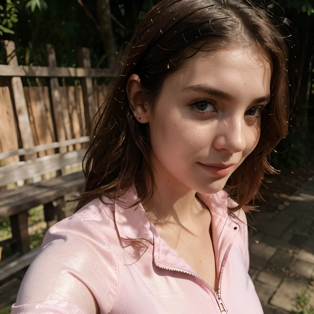 instagram photo, closeup face photo of 23 y.o Chloe in pink cycling cloth, cleavage, pale skin, (smile:0.4), hard shadows, cycling outfit, after shower with wet hair, curl hair