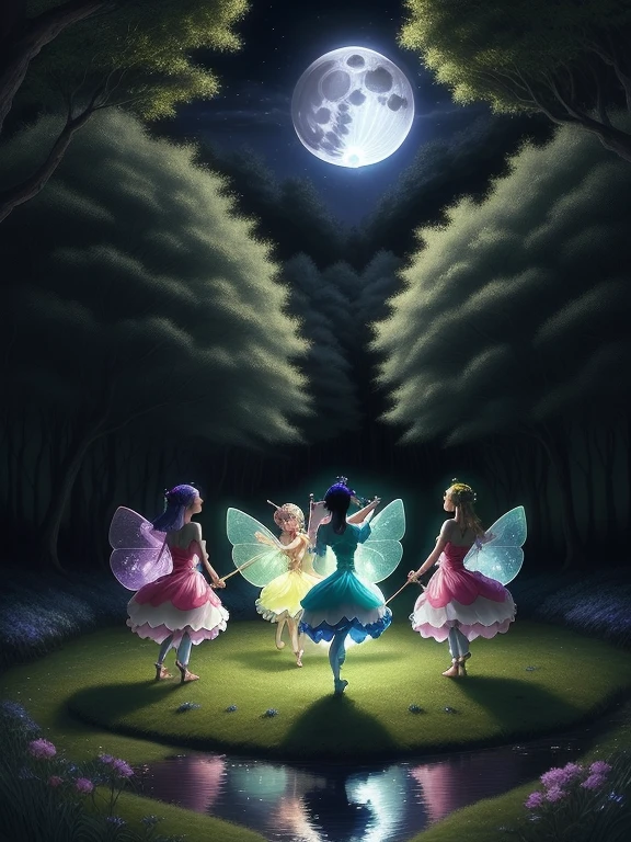 several fairies dancing in the moonlight on a full moon night, happy and fun music, usando longos vestidos, magical nocturnal forest lit by a full moon, imagem perfeita, corpos perfeitos e delicados, fadas com olhares cativantes, High definition, japanese anime style, brilhante, sobras perfeitas