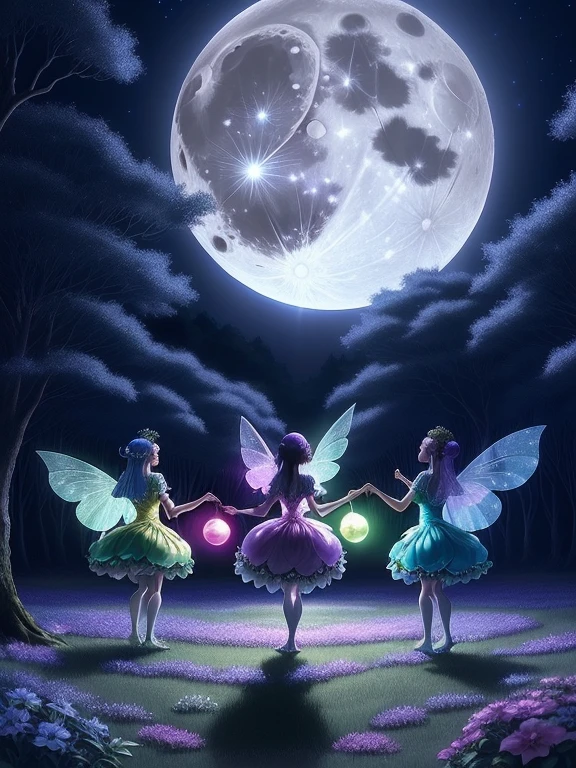 several fairies dancing in the moonlight on a full moon night, happy and fun music, usando longos vestidos, magical nocturnal forest lit by a full moon, imagem perfeita, corpos perfeitos e delicados, fadas com olhares cativantes, High definition, japanese anime style, brilhante, sobras perfeitas