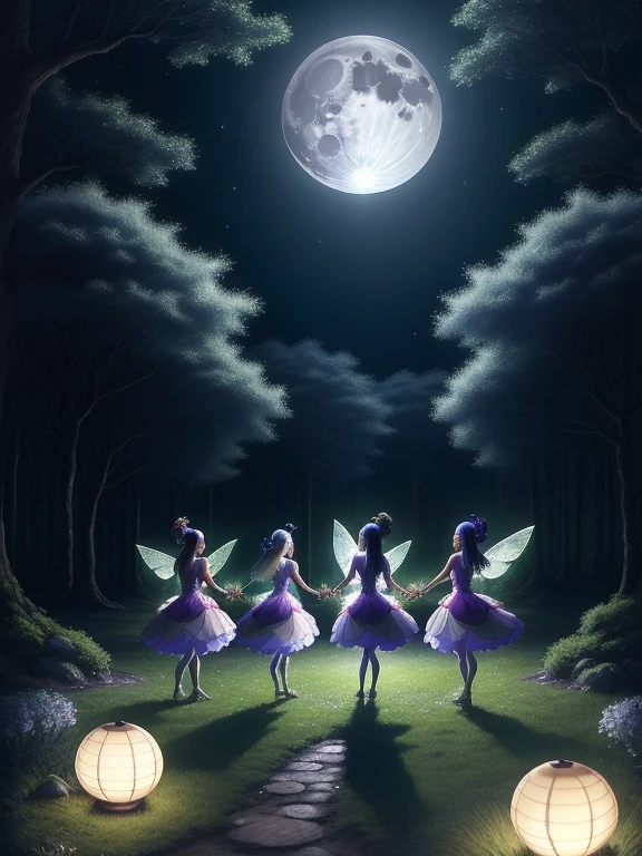 several fairies dancing in the moonlight on a full moon night, happy and fun music, usando longos vestidos, magical nocturnal forest lit by a full moon, imagem perfeita, corpos perfeitos e delicados, fadas com olhares cativantes, High definition, japanese anime style, brilhante, sobras perfeitas