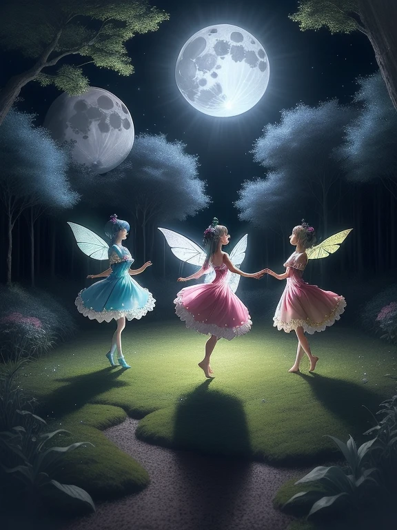 several fairies dancing in the moonlight on a full moon night, happy and fun music, usando longos vestidos, magical nocturnal forest lit by a full moon, imagem perfeita, corpos perfeitos e delicados, fadas com olhares cativantes, High definition, japanese anime style, brilhante, sobras perfeitas