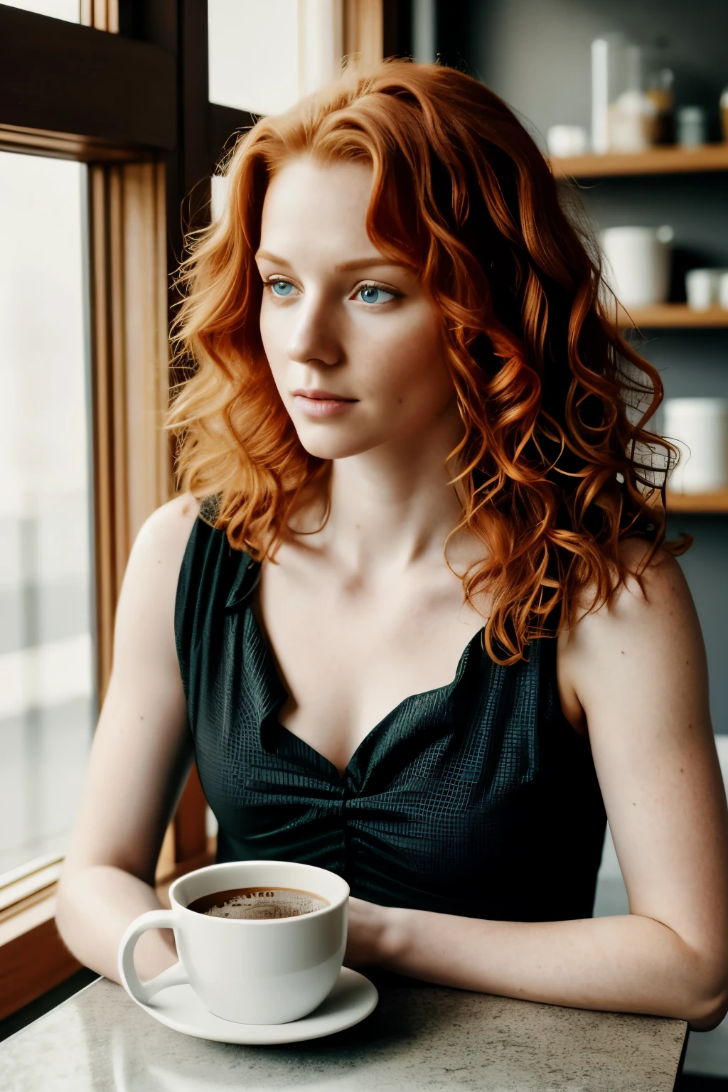1girl in, age35, Solo, Aesthetic artwork, irish  redhead, wavy ginger hair, shoulder length ginger hair, gray eyes, light grey eyes, some small freckles, pale skin, A-cup, small breasts, runners body, (textured skin, skin pores:1.1), (moles:0.8), imperfect skin, goosebumps, sitting down having coffee, drinking coffee, (extremely detailed 8k wallpaper), soft lighting, high quality, film grain, Fujifilm XT3 sharp focus, f 5.6, 50mm, High Detail, Sharp focus,(natural light), in a black colored dress. A black sundress, floral pattern sundress, crazy details, complex details, hyperdetailed