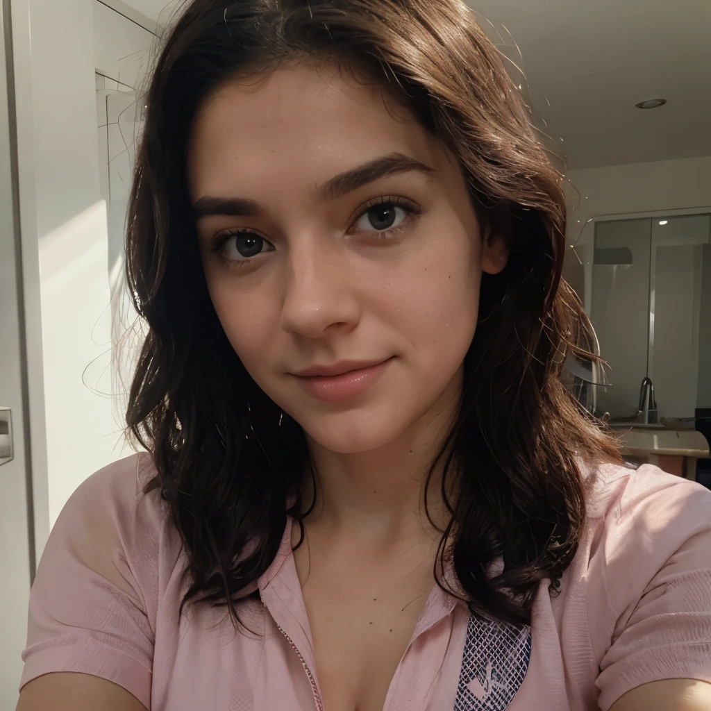 instagram photo, closeup face photo of 23 y.o Chloe in pink cycling cloth, cleavage, pale skin, (smile:0.4), hard shadows, cycling outfit, after shower with wet hair, curl hair