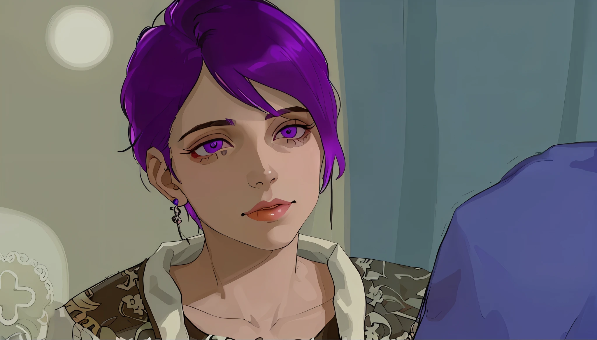 a 50 year old woman with violet eyes and violet hair talks to a young man, esta diciendole algo a alguien habla con la boca abierta