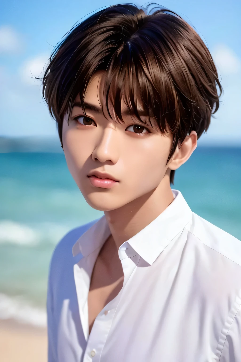 1 person、high quality,masterpiece,4k,、(black hair)、long bangs、white shirt、 (tanned brown skin)、(head shot:1.23)、((low illumination ))、lying on the beach