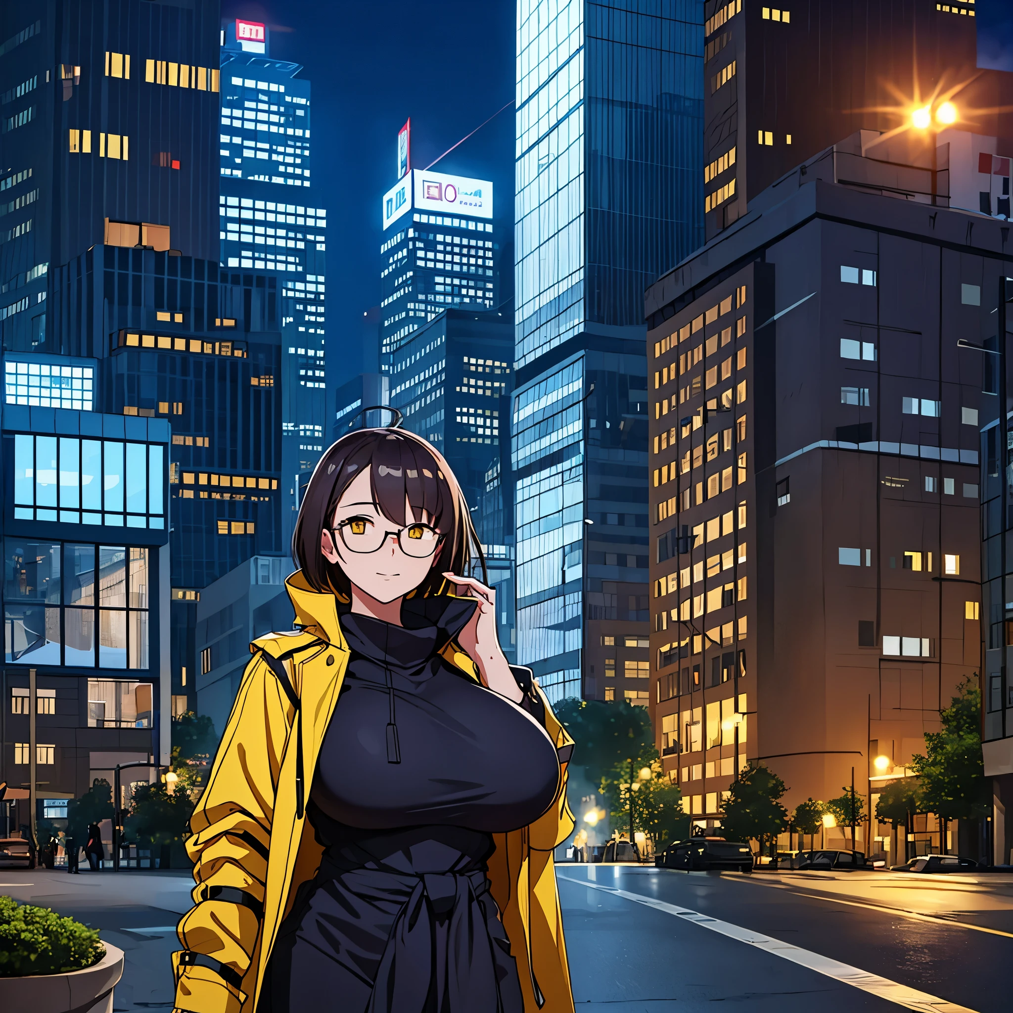 a woman in a big city with several buildings, warm clothing, sunglasses, eye yellow, at night
