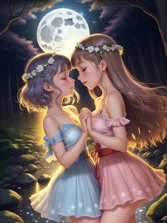 Fairies dancing in the moonlight on a full moon night, kissing and touching each other&#39;s hands, happy and fun music, usando longos vestidos, magical nocturnal forest lit by a full moon, imagem perfeita, corpos perfeitos e delicados, fadas com olhares cativantes, High definition, japanese anime style, brilhante, sobras perfeitas