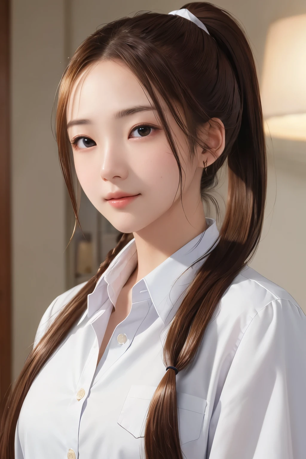 Super high resolution、masterpiece、highest quality、
highly detailed face、detailed eye、very complicated、、perfect shiny shiny skin、perfect lighting、detailed lighting、dramatic shadow、ray tracing、、
1 girl、ponytail hairstyle、Upper body、female doctor&#39;s coat、white shirt、looking at the viewer、(slight smile:0.4)