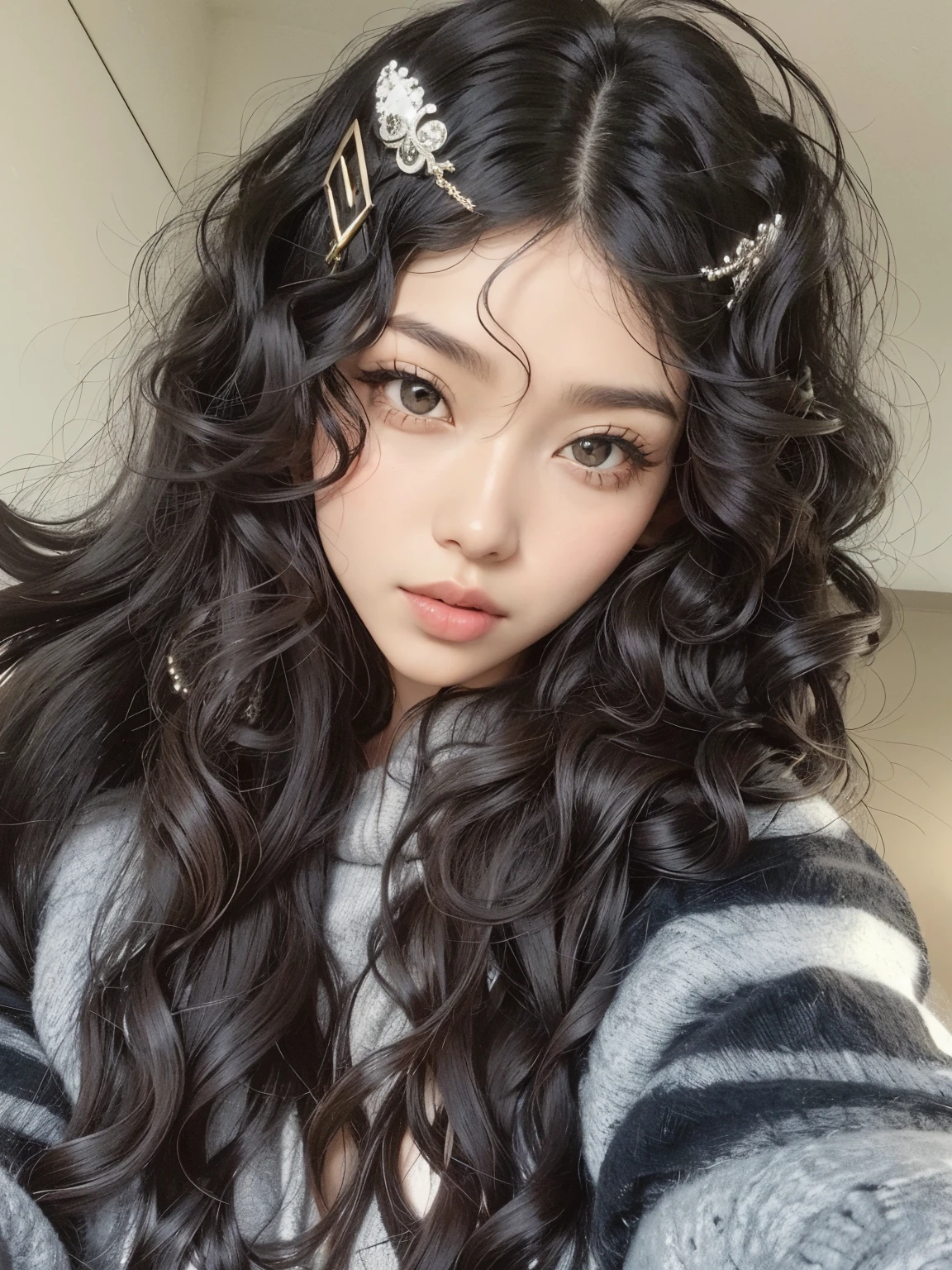 there is a woman with long hair and a pair of hair clips, black long curly hair, with long curly hair, ulzzang, long wild black curly hair, long curly black hair, long black curly hair, with long curly, curly middle part haircut, curly dark hair, wavy black hair, long messy curly hair, black wavy hair, long curly hair