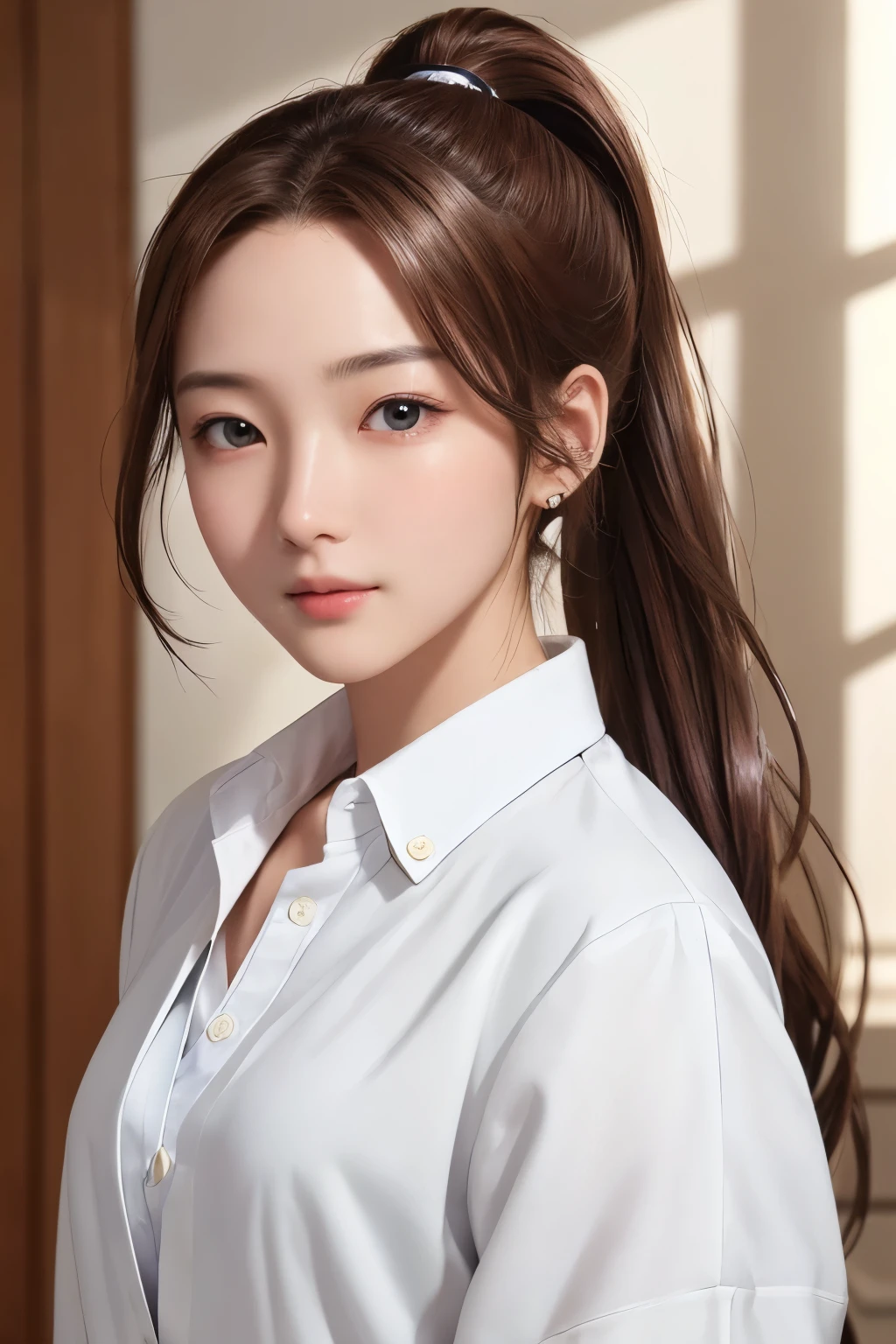 Super high resolution、masterpiece、highest quality、
highly detailed face、detailed eye、very complicated、、perfect shiny shiny skin、perfect lighting、detailed lighting、dramatic shadow、ray tracing、16 years old、
1 girl、ponytail hairstyle、Upper body、female doctor&#39;s coat、white shirt、looking at the viewer、(slight smile:0.4)