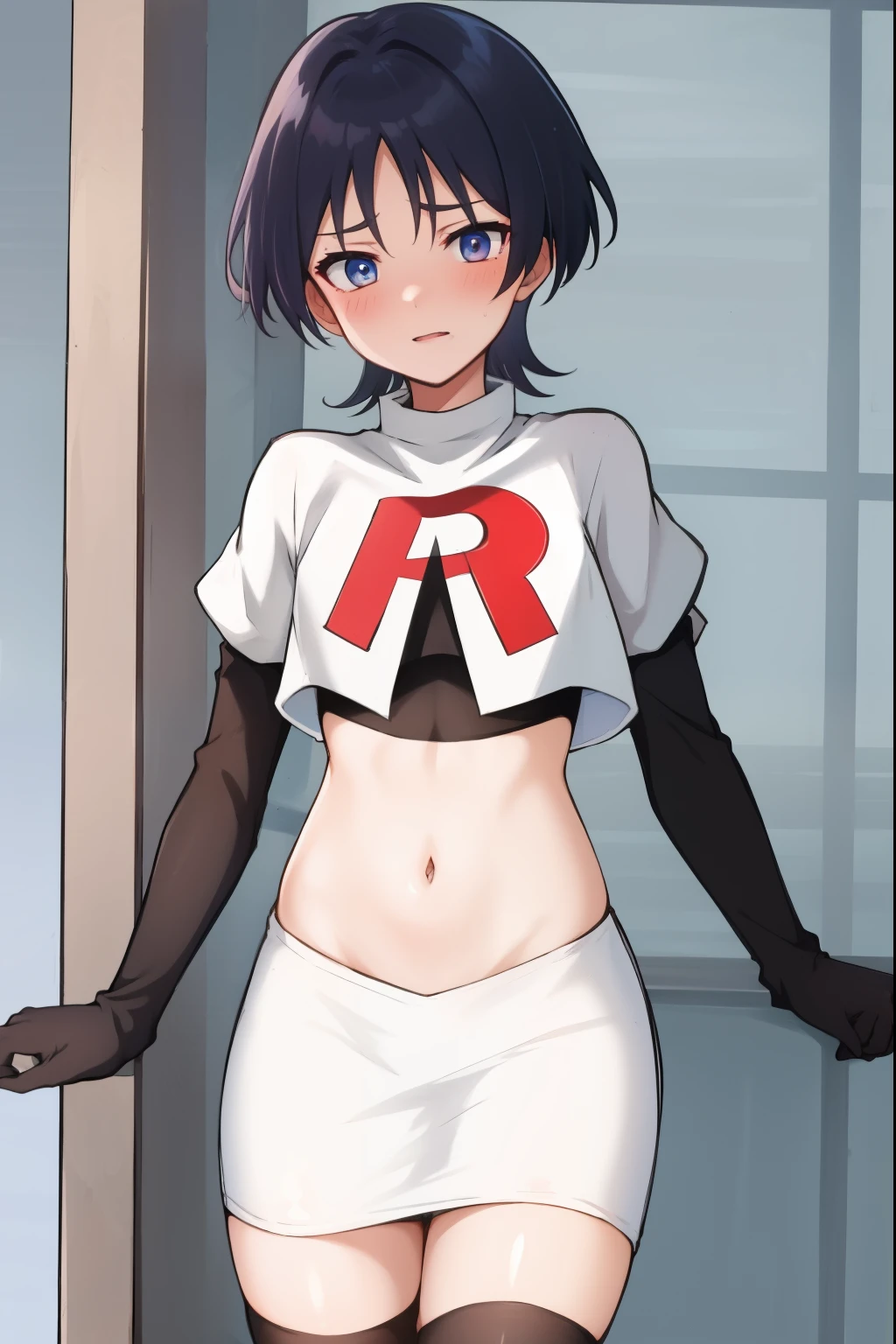 absurdres,masterpiece, trap, best quality, highres, high quality, 1boy, solo, male focus, hair, crossdressing,1boy,team rocket,team rocket uniform,white skirt,red letter R,crop top,black thigh-highs,black elbow gloves, embarrassed, blush