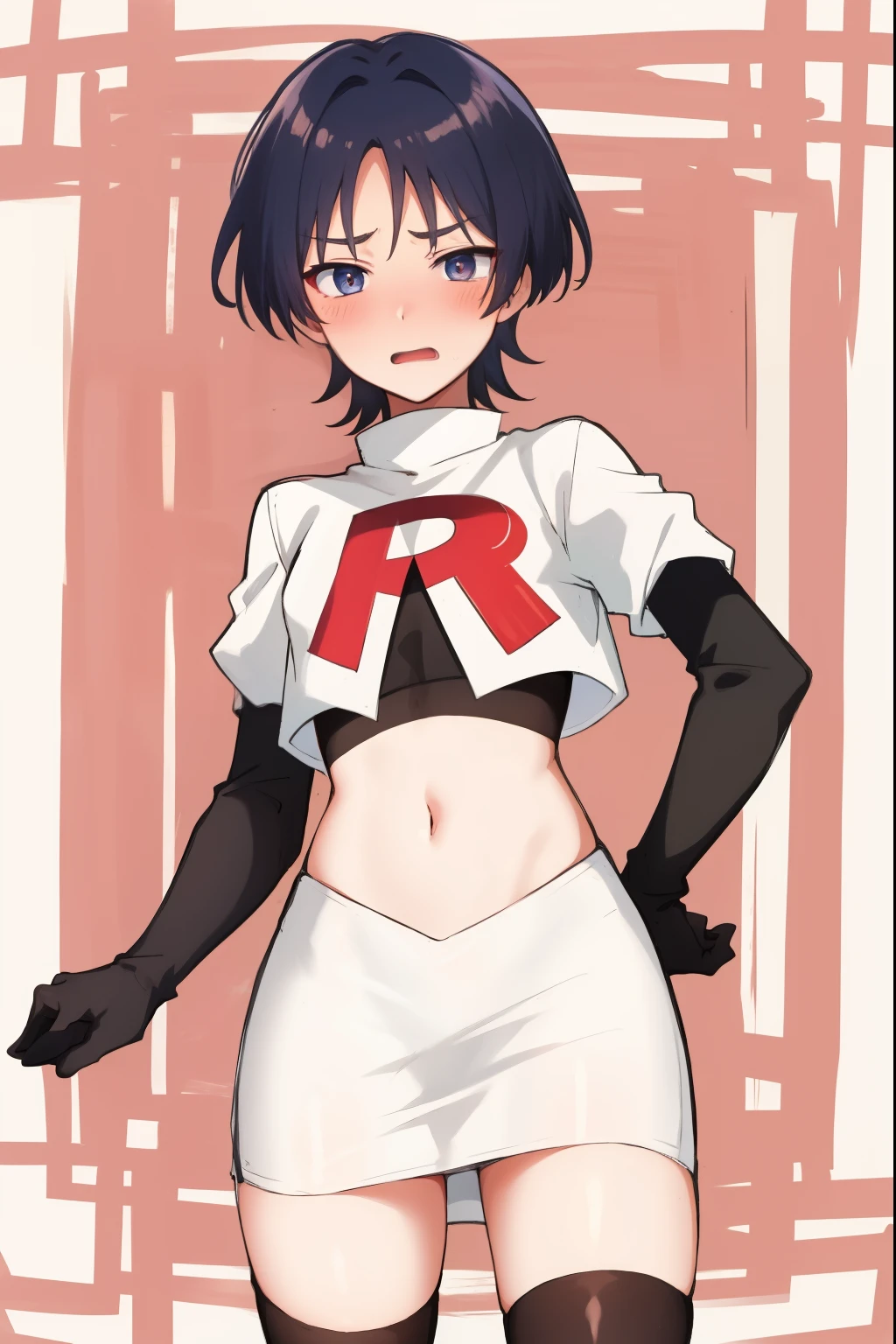 absurdres,masterpiece, trap, best quality, highres, high quality, 1boy, solo, male focus, hair, crossdressing,1boy,team rocket,team rocket uniform,white skirt,red letter R,crop top,black thigh-highs,black elbow gloves, embarrassed, blush