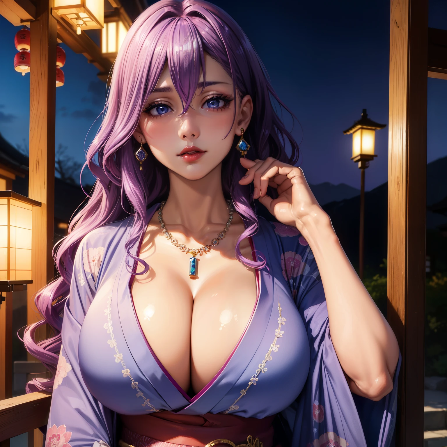 Female ((38year old)), hair ((violet, wavy)), eyes ((blue, small eyes)), clothes ((kimono)), accessories ((diamond necklace, hairpin)), gigantic breast, big Hip, Delicious oppai, japanese house ((outdoor)), lantern, seductive face, cleavage, red lips, bold make-up,